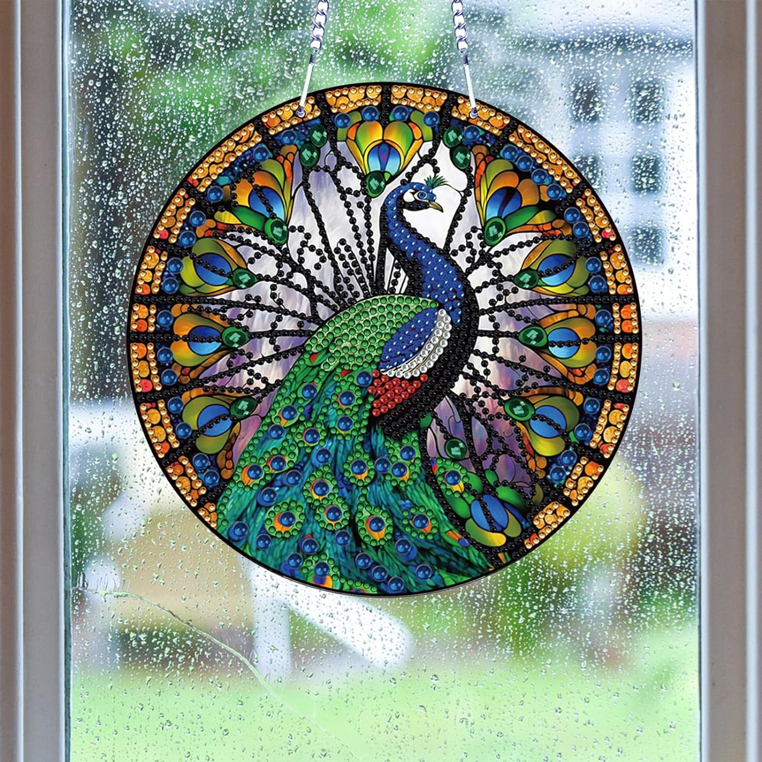 5D Peacock Diamond Painting Kits Hanging Pendants Wall Art Colored Imitation Glass Art Point Drill Crystal Diamond Art Window Pendants Home Garden Wall Door Birthday Festival Gifts