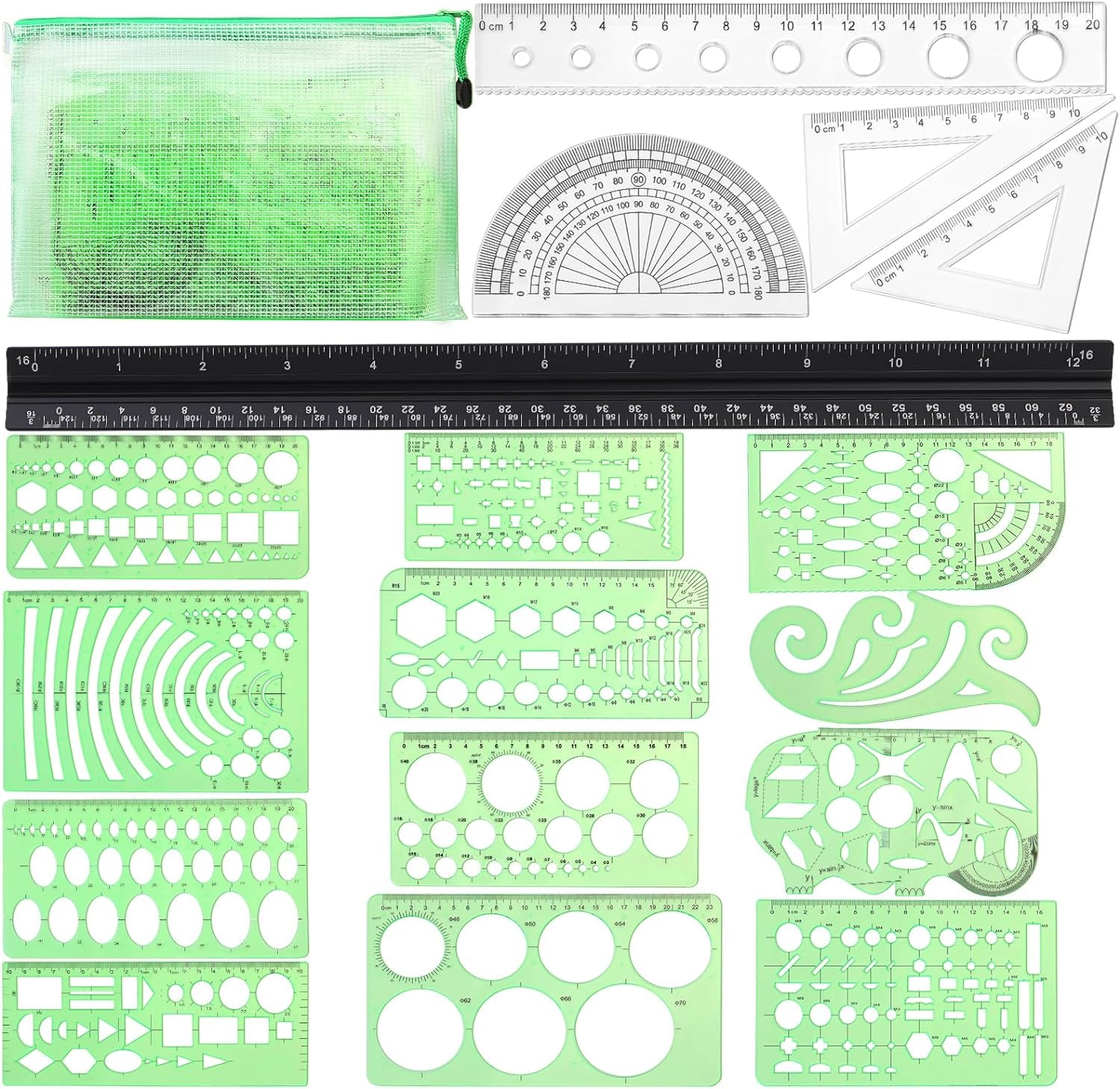 18 Pcs Geometric Drawings Templates, Drawing Stencils, Ruler Set, Circle Template for Drawing, Drafting Tools with a Storage Bag for Architecture, Studying, Office, Designing