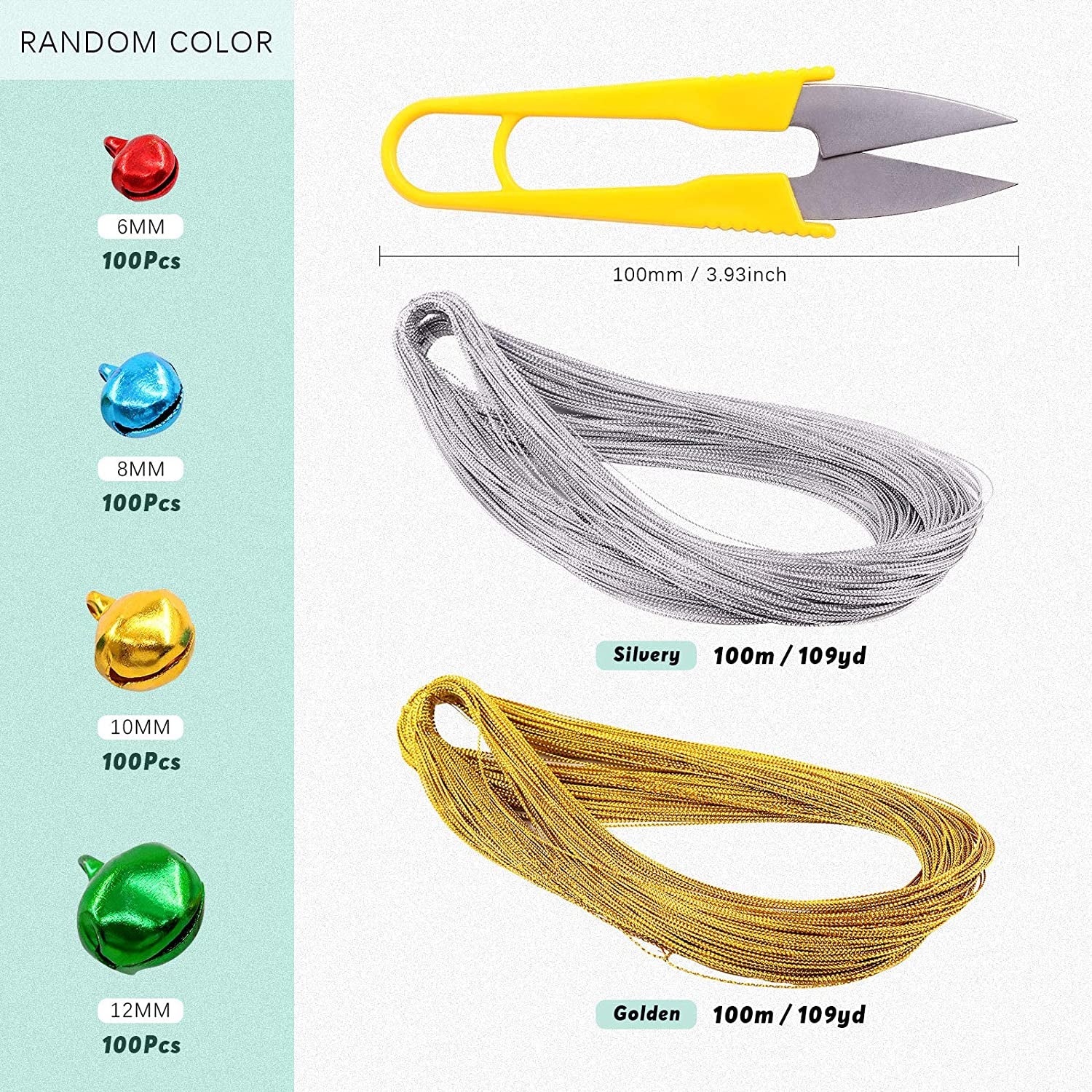 403Pcs Colorful 4 Sizes Christmas Jingle Bells Assortment Kit with 200M Gold Sliver Cord, Jingle Bells and Craft Bells, Perfect for Christmas Party Decorations Craft Decorations DIY Bells