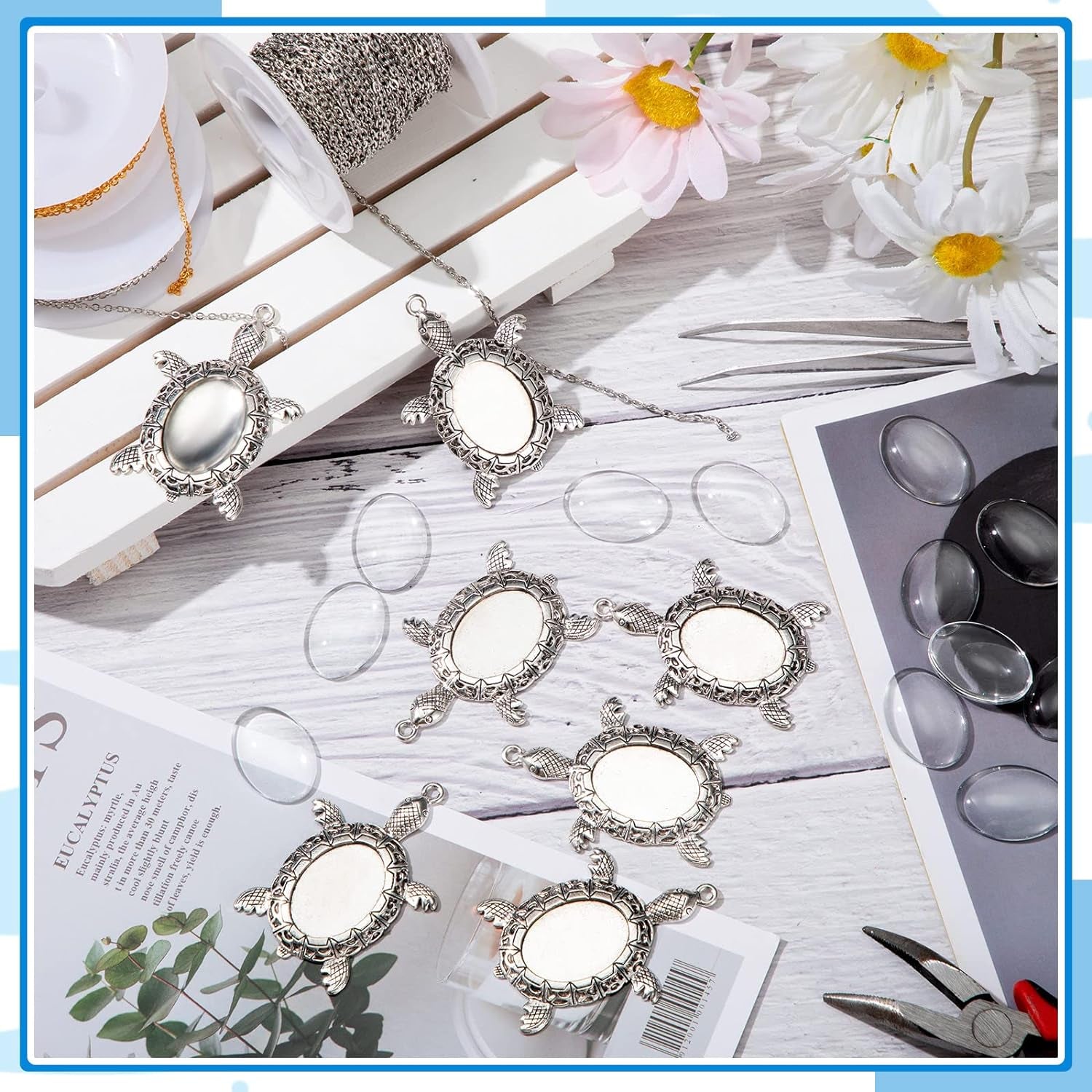 40 Pieces Antique Silver Turtle Pendant Settings, Include 20 Blank Turtle Pendant Tray with 0.71 X 0.98 Inch Oval Cabochons Base for DIY Jewelry Making