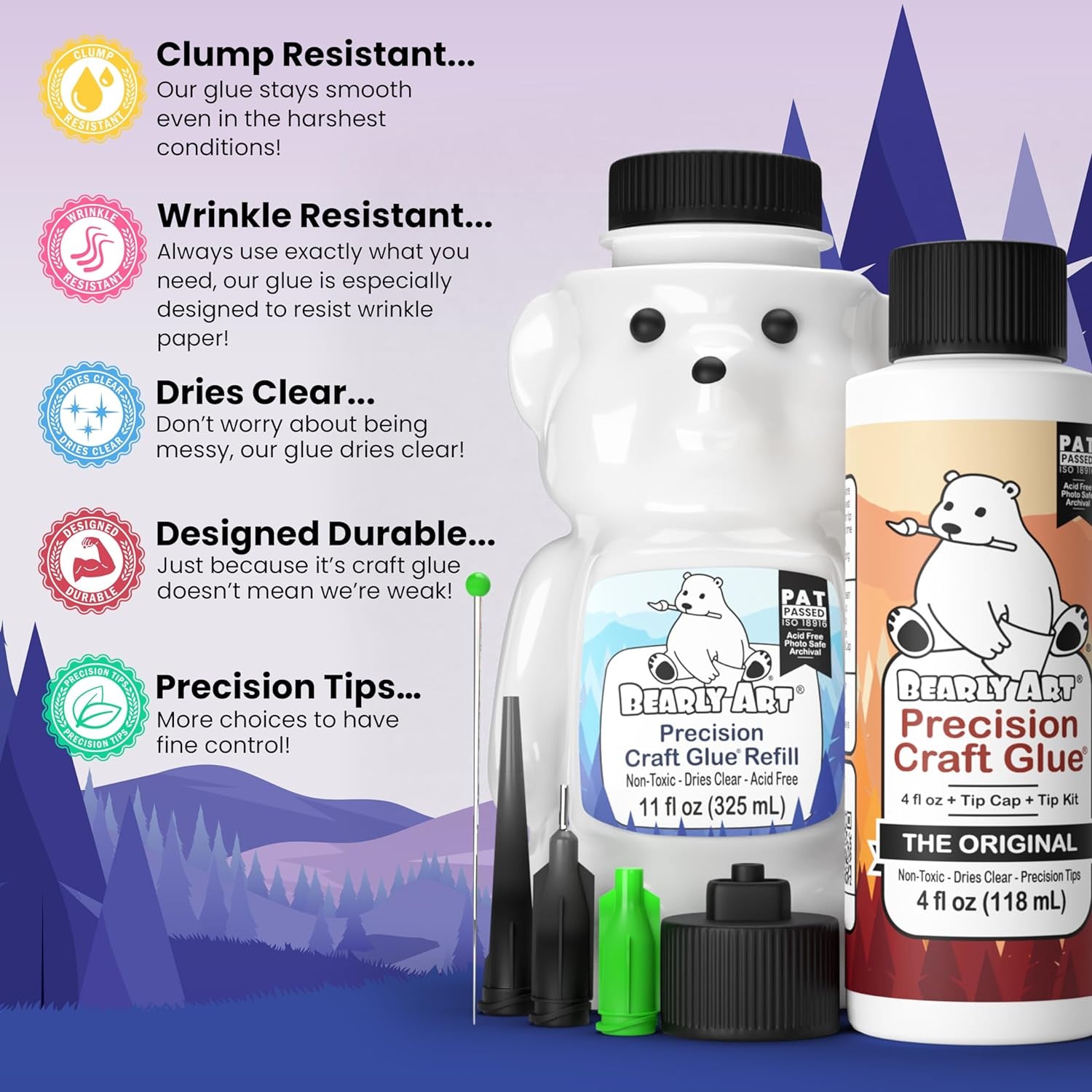 Precision Craft Glue -The Bundle - 4Fl Oz and 11Fl Oz Refill Bear - Tip Kit Included - Wrinkle Resistant - Flexible and Crack Resistant - Strong Hold Adhesive - Made in USA
