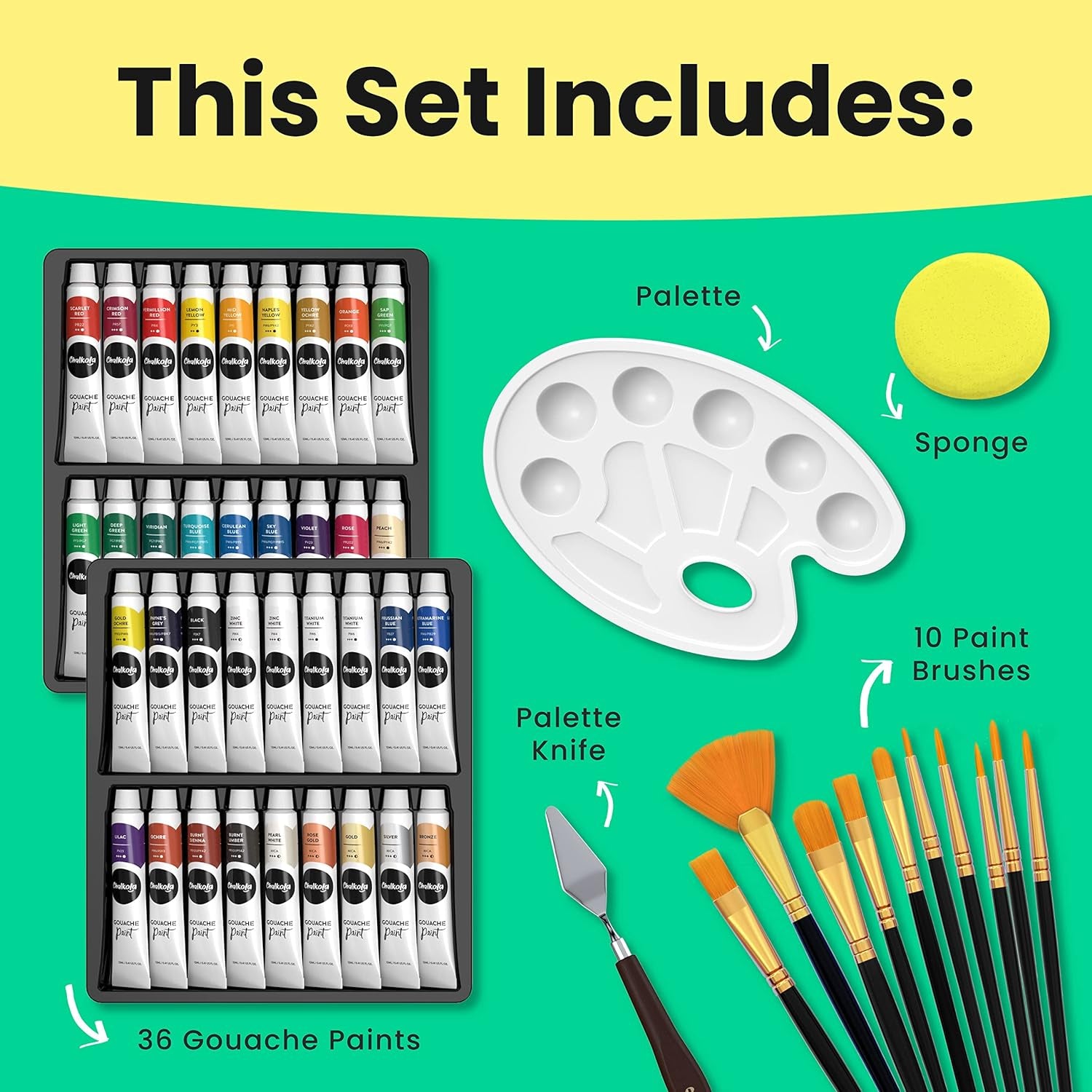 Gouache Paint Sets for Artists, Adults & Kids - 36 Gouche Tubes (0.4Oz, 12Ml), 10 Painting Brushes, Knife, Sponge & Palette - Guache Watercolor Paint in Classic, Pastel & Metallic Colors