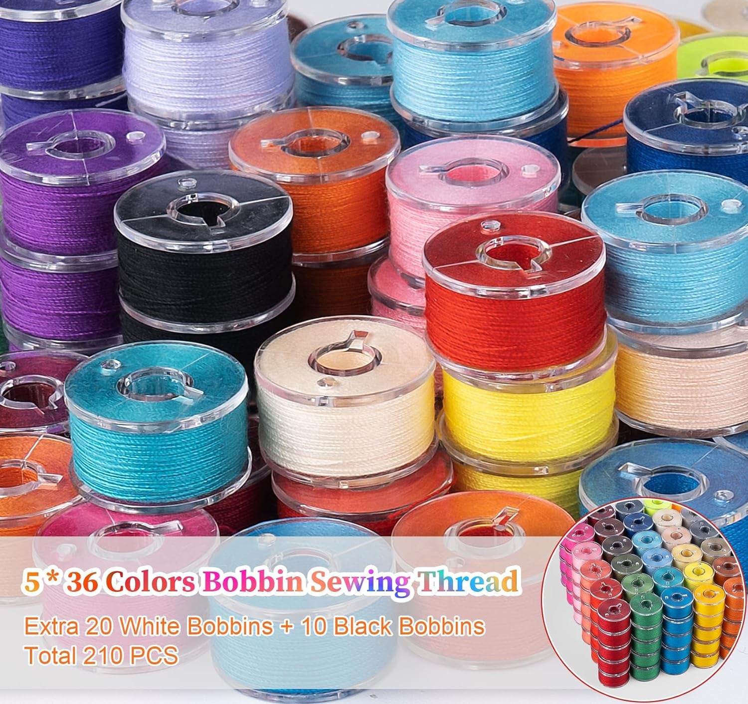210 Pcs Bobbins Sewing Thread, Sizea Class15 Prewound Sewing Bobbins for Sewing Machine, 36 Colors Polyester Sewing Threads Compatible for Brother/Singer/Babylock/Janome Machine, 60WT