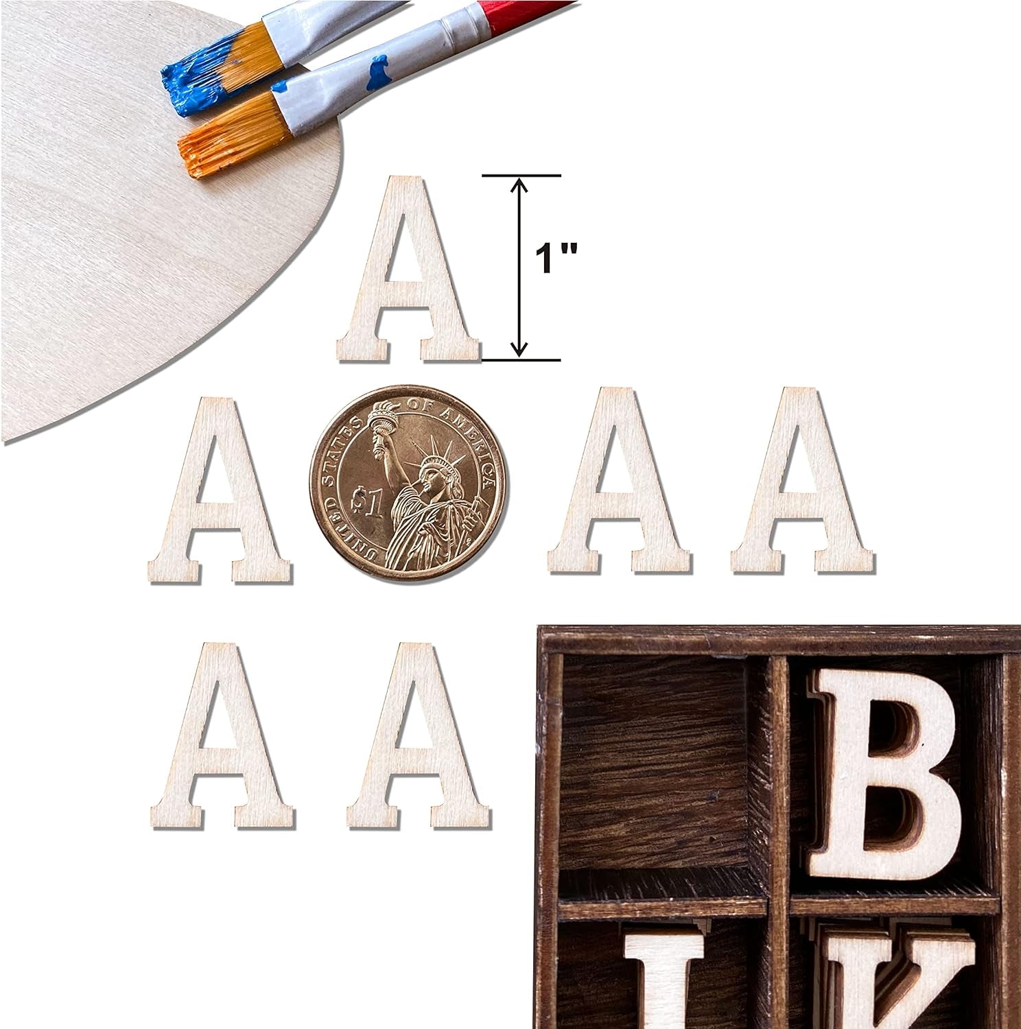 270 Pieces 1 Inch Wood Alphabet Letters Wooden Numbers Mini Blank Wood Symbols Unfinished Wood Heart Star Paw with Rustic Storage Tray for Home Decor Spelling Education Homemade Crafts Party Gifts