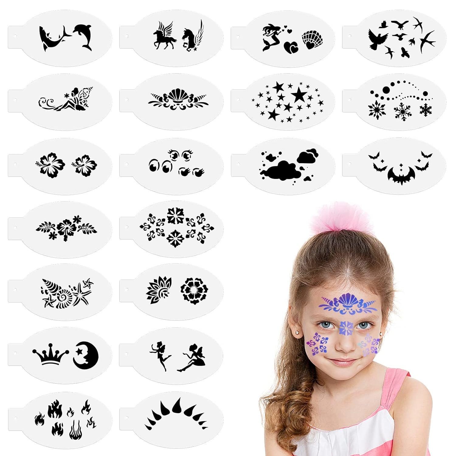 20 Pieces Face Paint Stencils, Reusable Body Painting Stencils Makeup Painting Templates Temporary Tattoos Stencils for Kids Halloween Holiday Party Makeup Body Art Painting