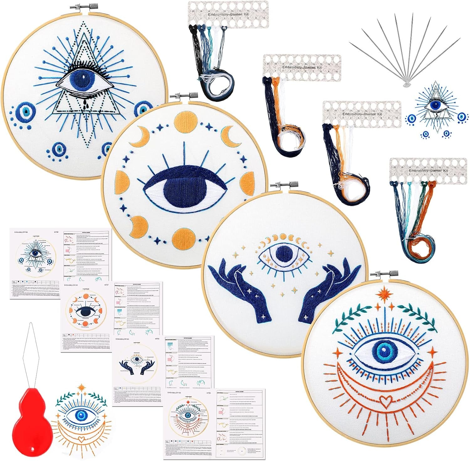 4 Set Embroidery Kits for Adults Beginner Evil Eye Cross Embroidery Kits with Patterns Instructions Embroidery Hoops Needles Colored Threads Needle Detector for Adult DIY
