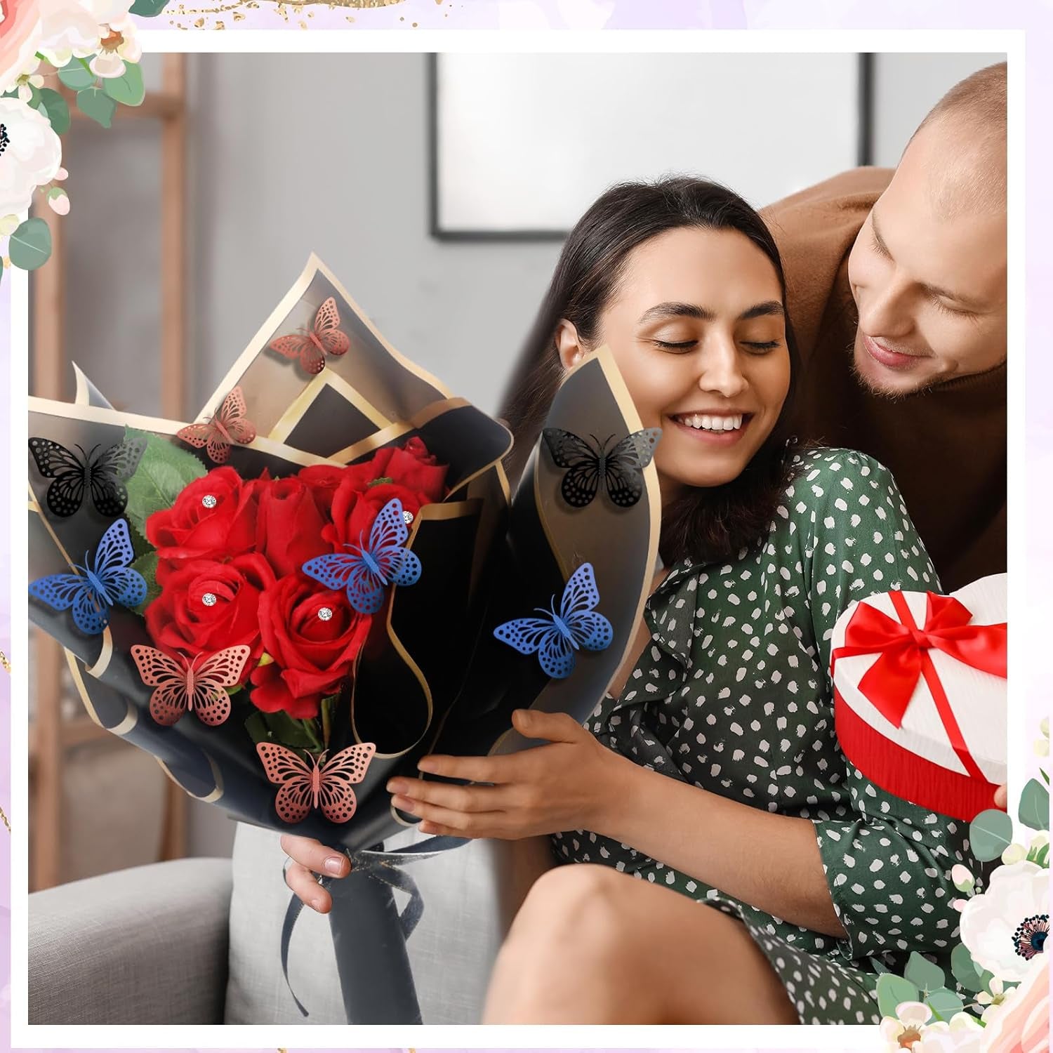 243 Pcs Flower Bouquet Wrapping Paper Waterproof Floral Wrapping Paper Florist Supplies with Butterfly Decoration Crowns Ribbons Bouquet Pin Glue for DIY Craft (Elegant Color)