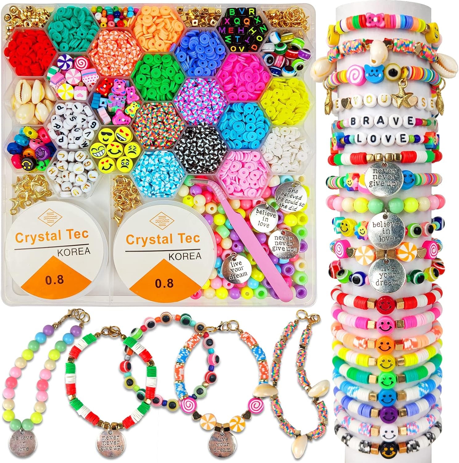 Clay Beads Arts and Crafts Kit for Jewelry Making, with Smiley Letter Beads, Gifts for Girls Age 6-12