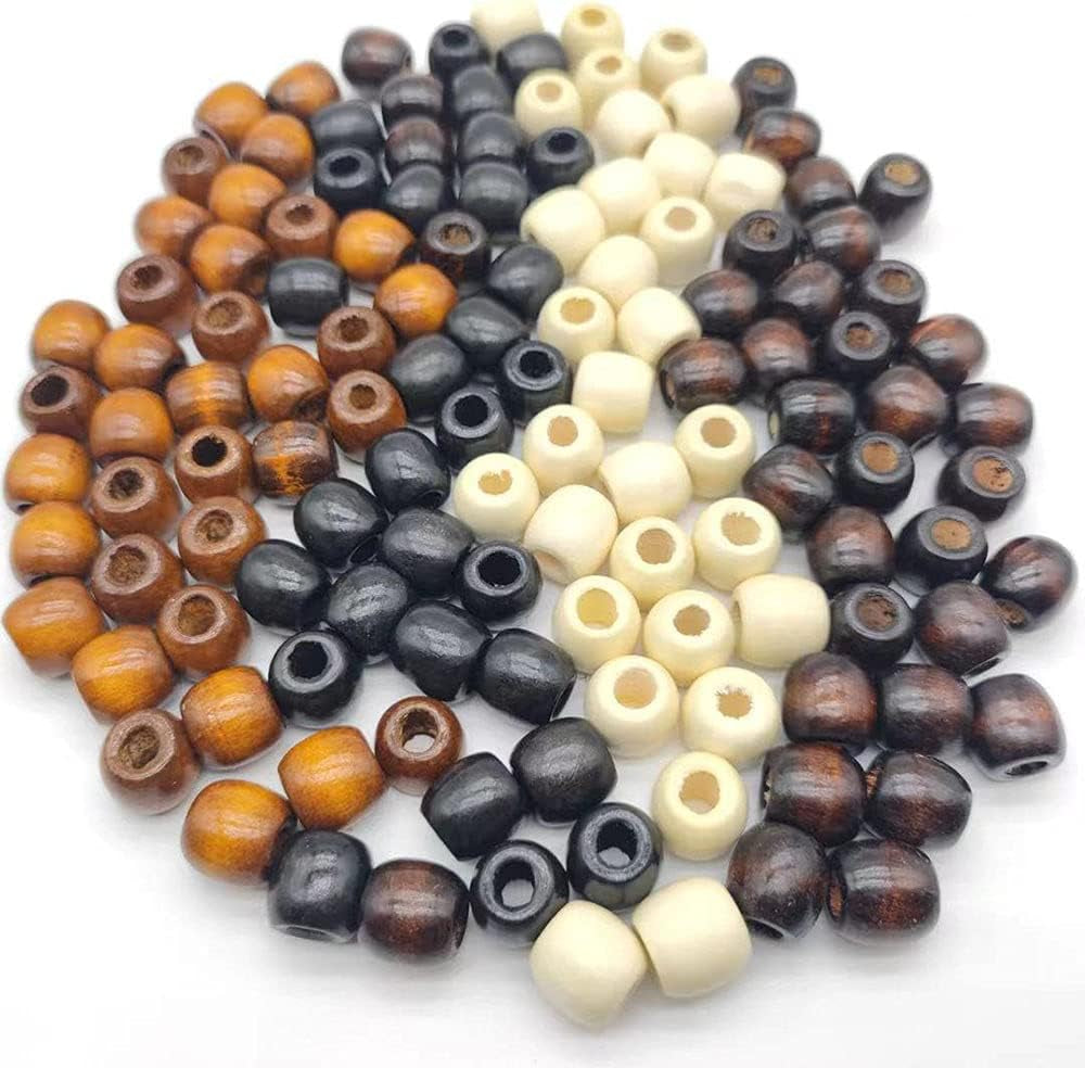 200Pcs Large Hole Barrel Wood European Loose Beads 4 Colors Natural Wooden Dreadlock Hair Braid Beads for Hair Braids Jewelry Bracelet Necklace Making 16X16-17Mm