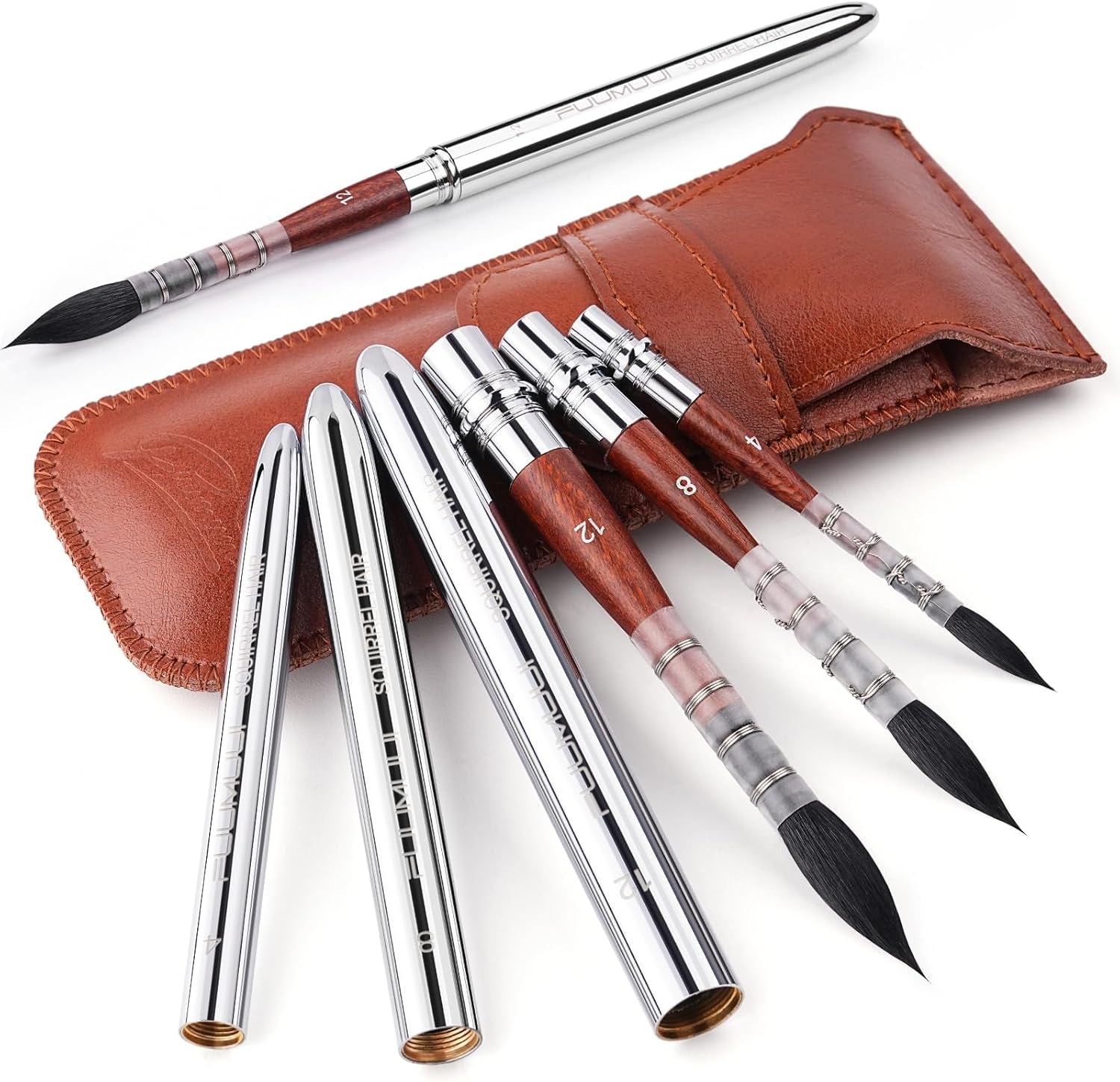 Sable Travel Watercolor Brushes,  4Pcs Kolinsky Sable Watercolor Travel Brushes with Leather Pouch - Fine Point Rounds Dagger Flat for Watercolor Gouache Ink Painting