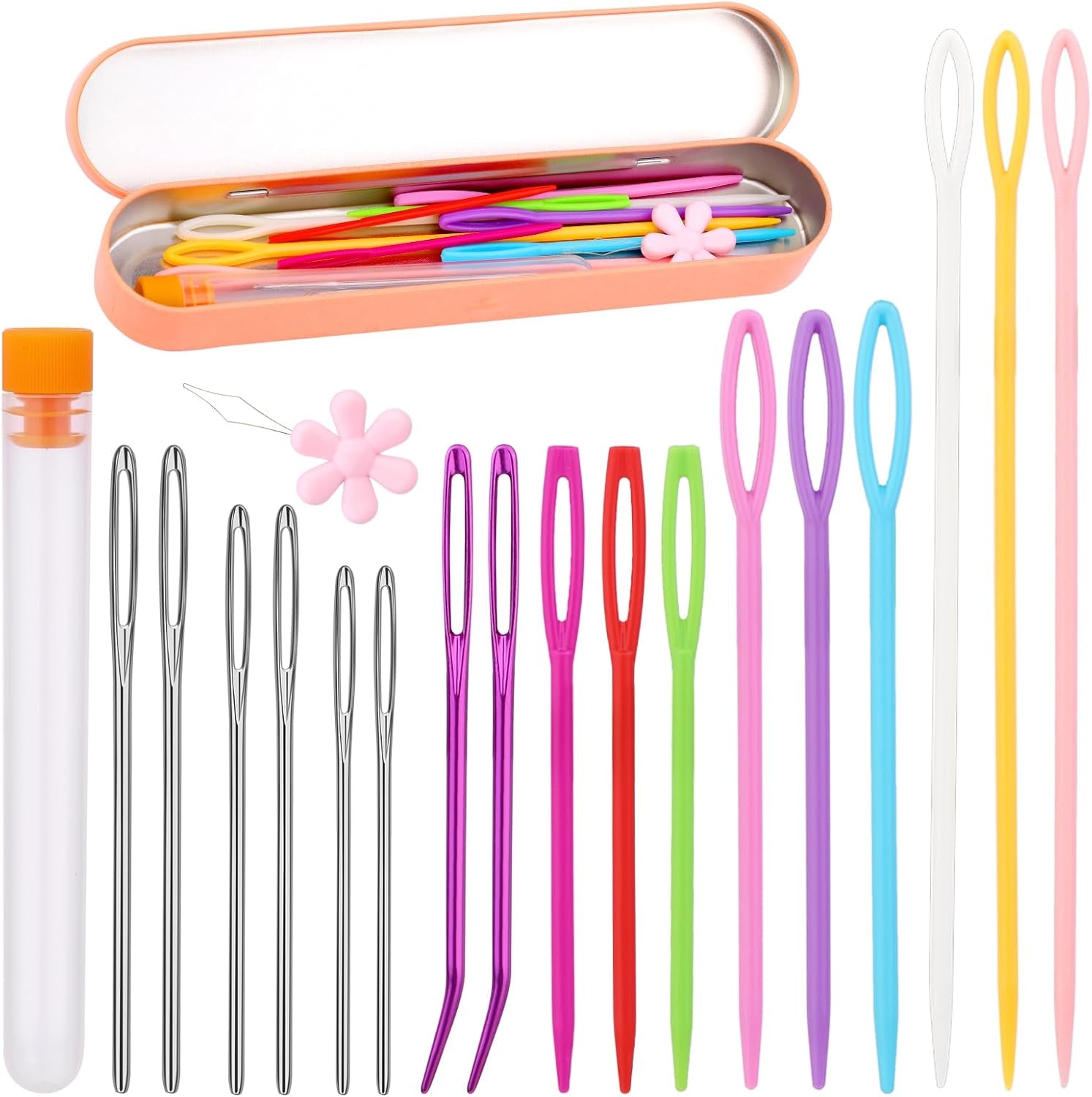 Plastic Large Eye Sewing Needles, Large-Eye Blunt Needles, Bent Tapestry Needles, Yarn Needles Crafting Knitting Stringing Needles with Storage Box and Needle Threader for Knitting Crochet