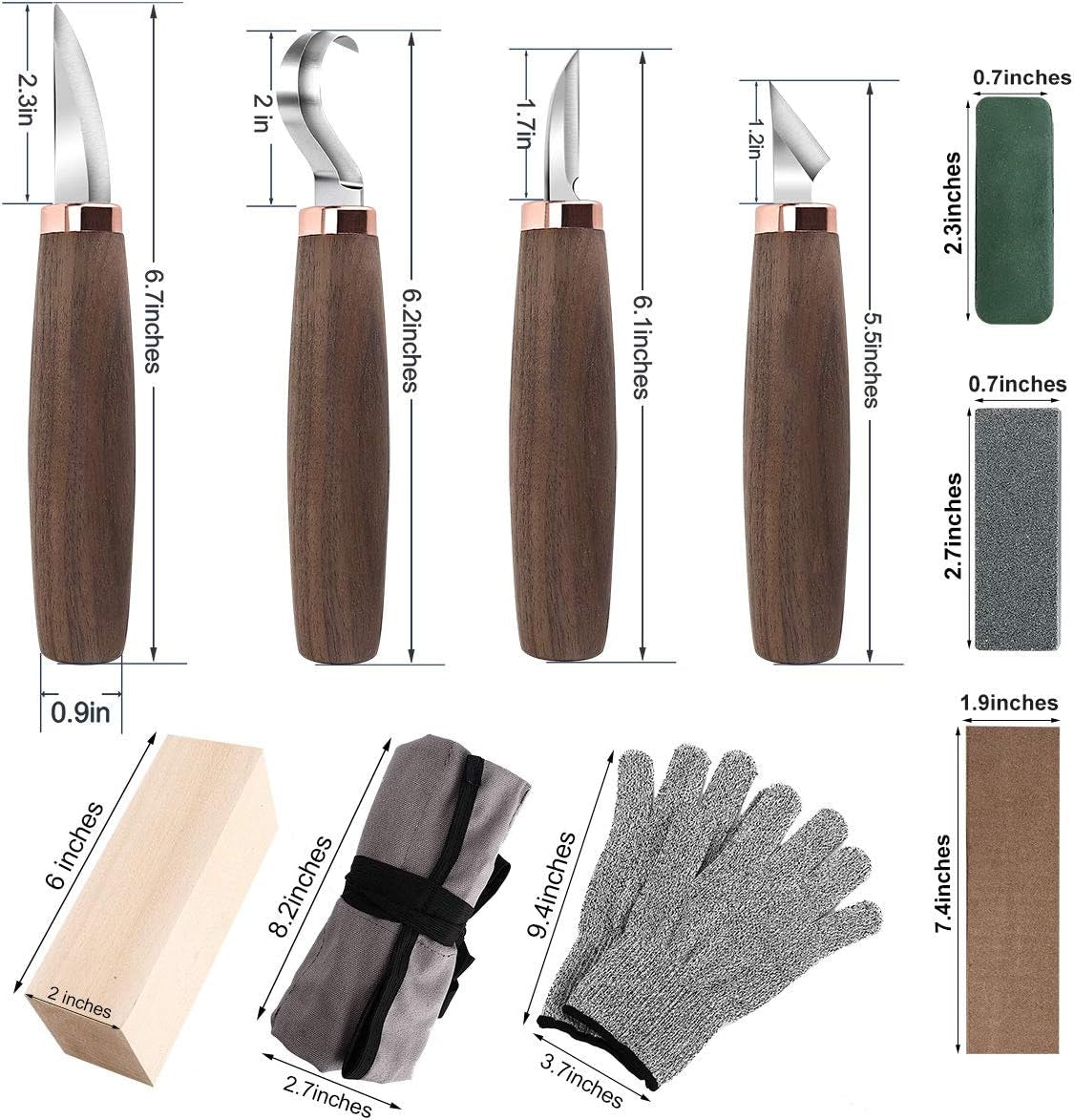 Wood Carving Tools Pack of 11- Includes Black Walnut Handle Wood Carving Knife,Whittling Knife,Hook Knife,Polishing Compound,Sharpening Stone,Cut Resistant Gloves,Wood Carving Kit for Beginners.