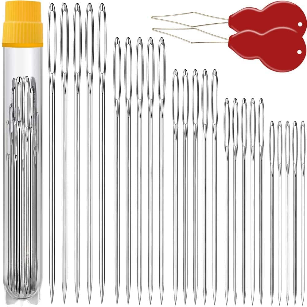 25/50 PCS Premium Large Eye Large Gage Needles for Hand Sewing with 2 Needle Threaders, Assorted Sizes, Embroidery Needles for Hand Sewing, Big Eye Needle