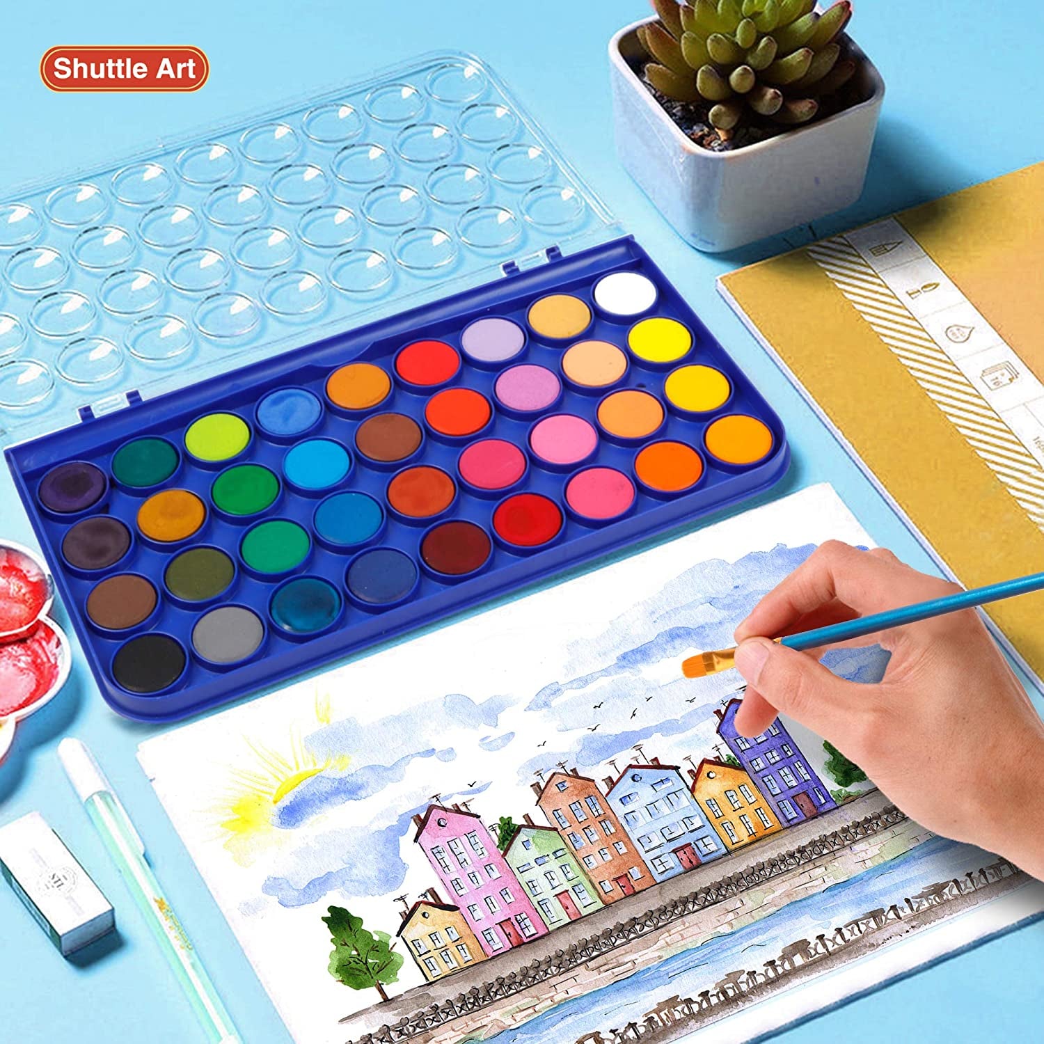 43 Pack Watercolor Paint Set, 36 Colors Watercolor Paint Pan Set with 6 Brushes and 1 Watercolor Pad for Beginners, Artists, Kids & Adults Watercolor Painting, Bullet Journal, Calligraphy