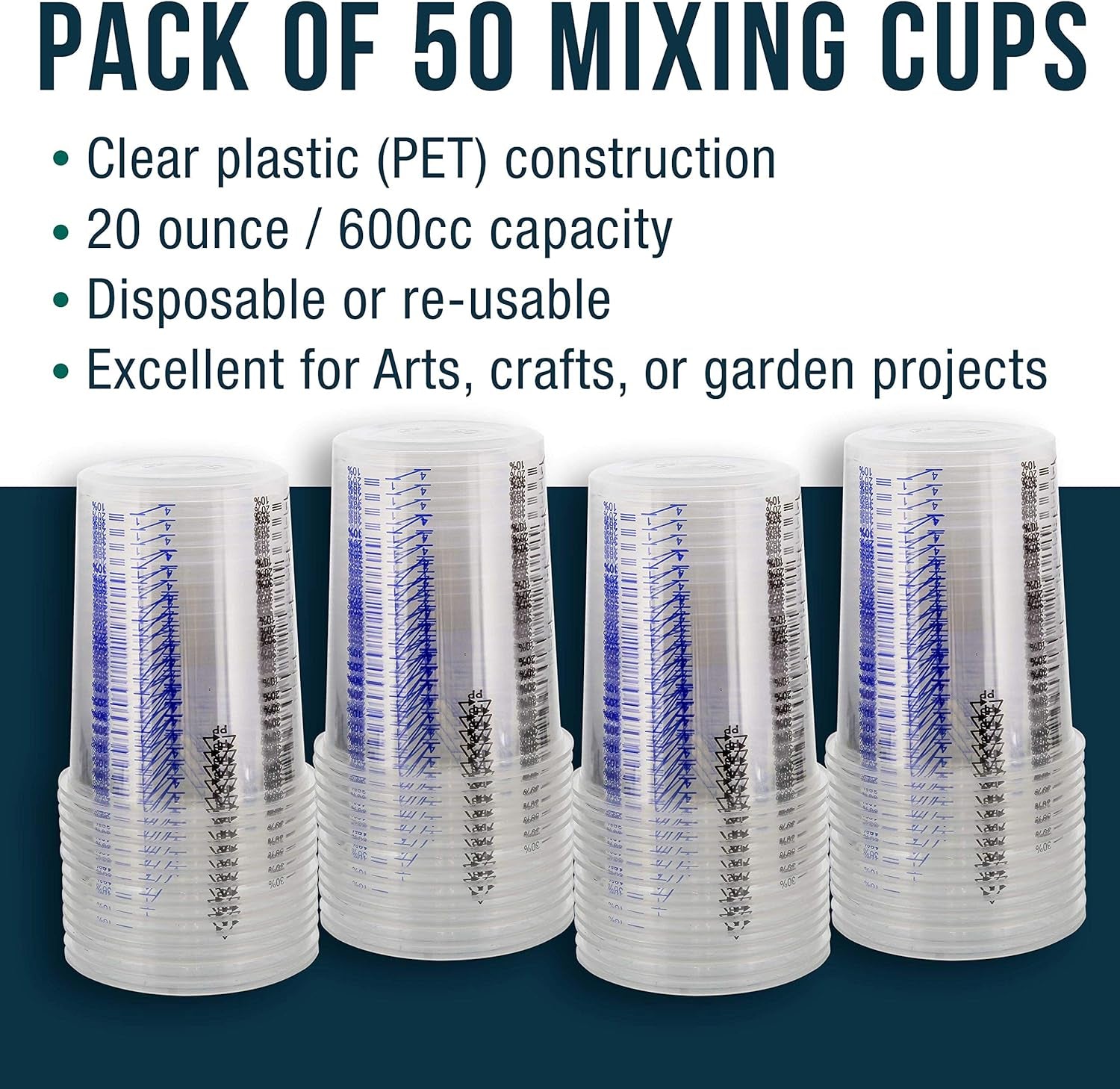 20 Ounce (600Ml) Disposable Flexible Clear Graduated Plastic Mixing Cups - Box of 50 Cups - Use for Paint, Resin, Epoxy, Art, Kitchen, Cooking, Baking - Measuring Ratios 2-1, 3-1, 4-1, ML