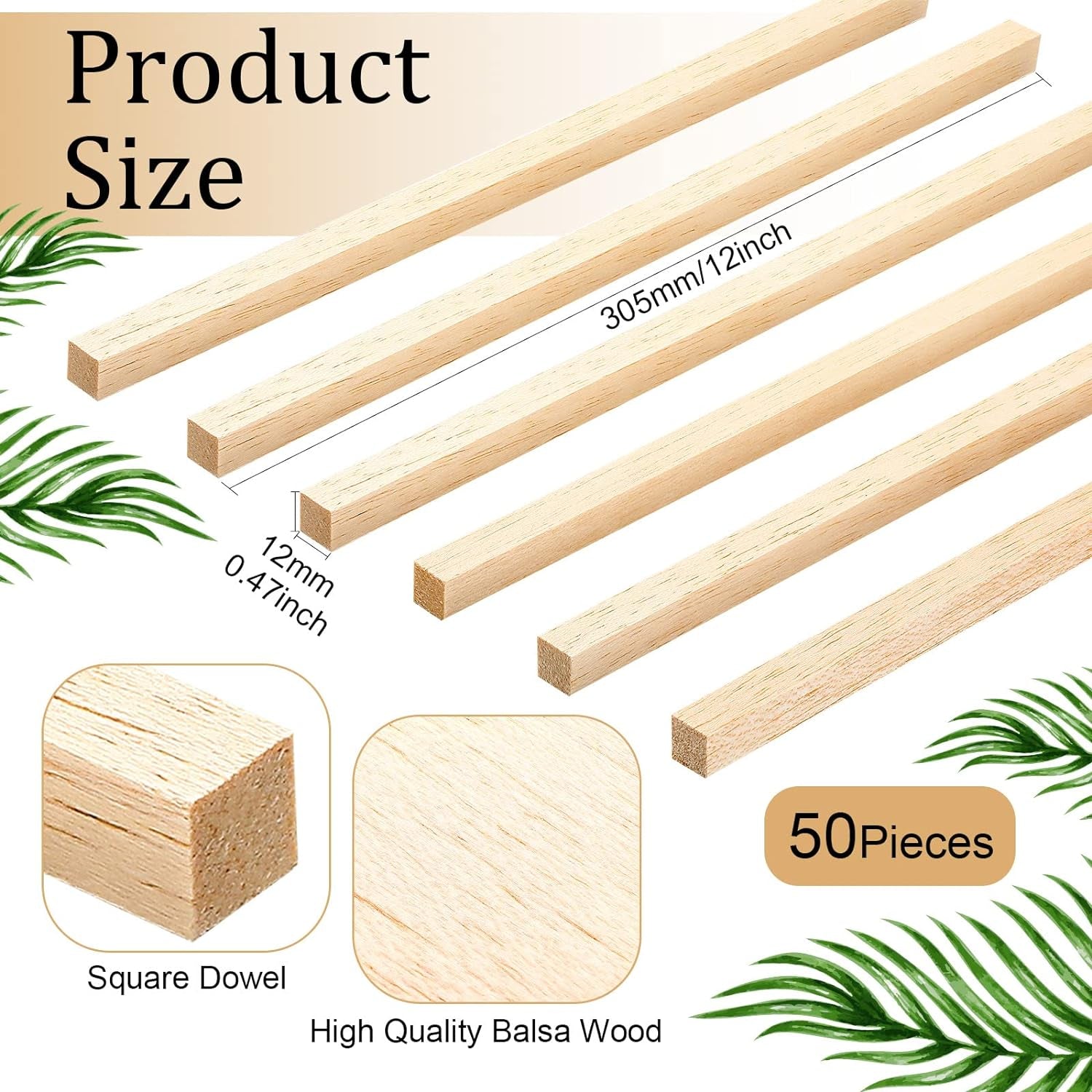 50 Pieces Balsa Wood Sticks 1/2 X 1/2 X 12 Inch Hardwood Square Wooden Dowels Unfinished Wood Sticks for Craft DIY Supplies DIY Molding Projects Making