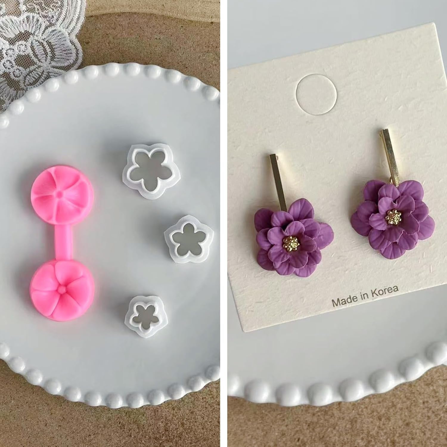 Flower Petal Clay Cutters - Flower Polymer Clay Cutters for Earrings Making, 3Pcs Clay Cutters with 1Pcs Petal Press Polymer Clay Mold, Clay Cutters for Polymer Clay Jewelry Making