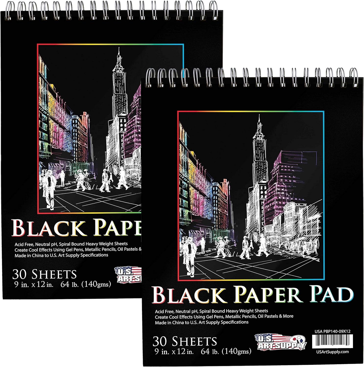 11" X 14" Premium Black Heavyweight Paper Sketch Pad, Pack of 2, 30 Sheets Each, 64Lb (140Gsm) - Spiral Bound Artist Drawing Paper - Colored Pencils, Gel Pens, Oil Pastels