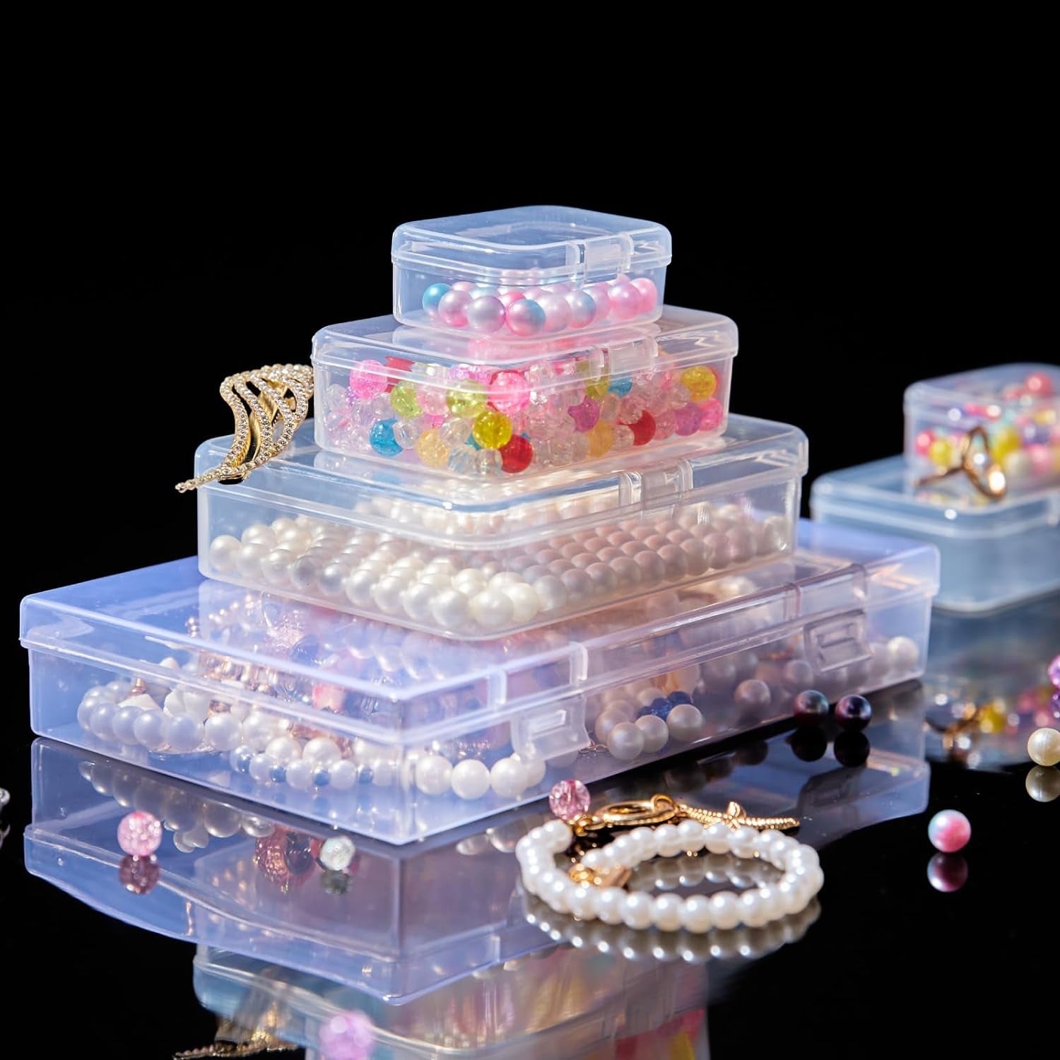 24 Pcs Small Plastic Containers with Lids - Mini Plastic Craft Storage Boxes with Hinged Lids Clear Bead Organizer for Jewelry Findings and Art Supplies (4 Mixed Sizes)