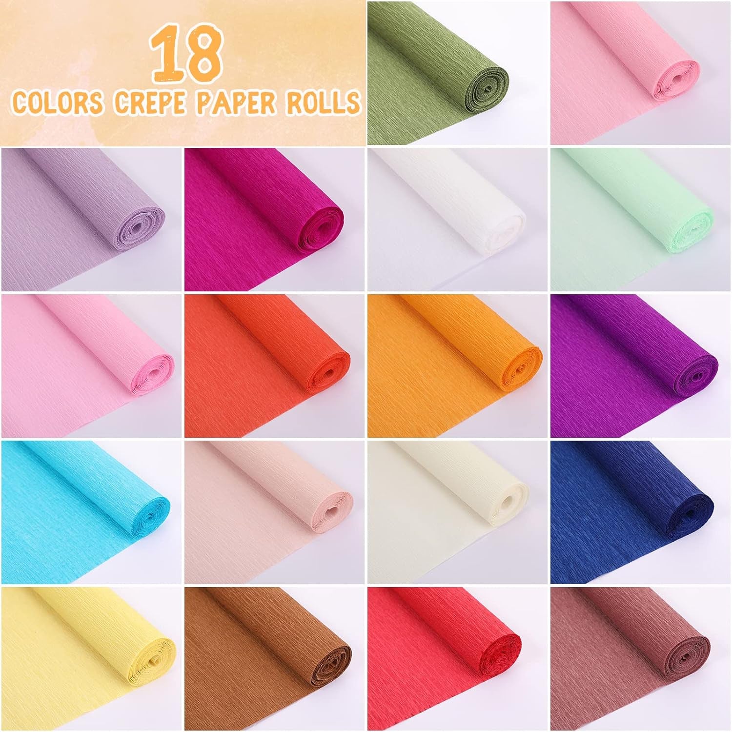 18 Rolls Crepe Paper Roll 20 Inch 8 Feet Wide Crepe Paper Streamer 70G DIY Flower Paper for Birthday Party Wedding Festival Ornament, 18 Colors