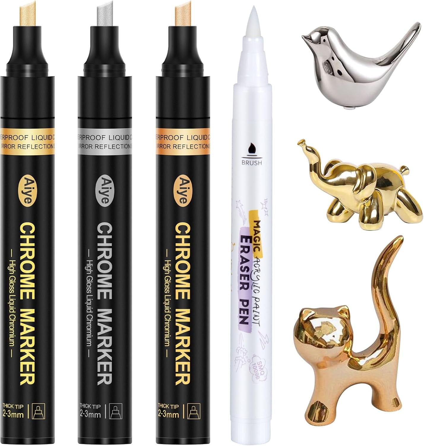 Mirror Chrome Markers 4 PACK, 3 Colors Permanent Metallic Markers & 1 Clean Pen, 2-5Mm Large Application Area, High Gloss, Waterproof, Chrome Paint Marker for Crafts, DIY, Painting