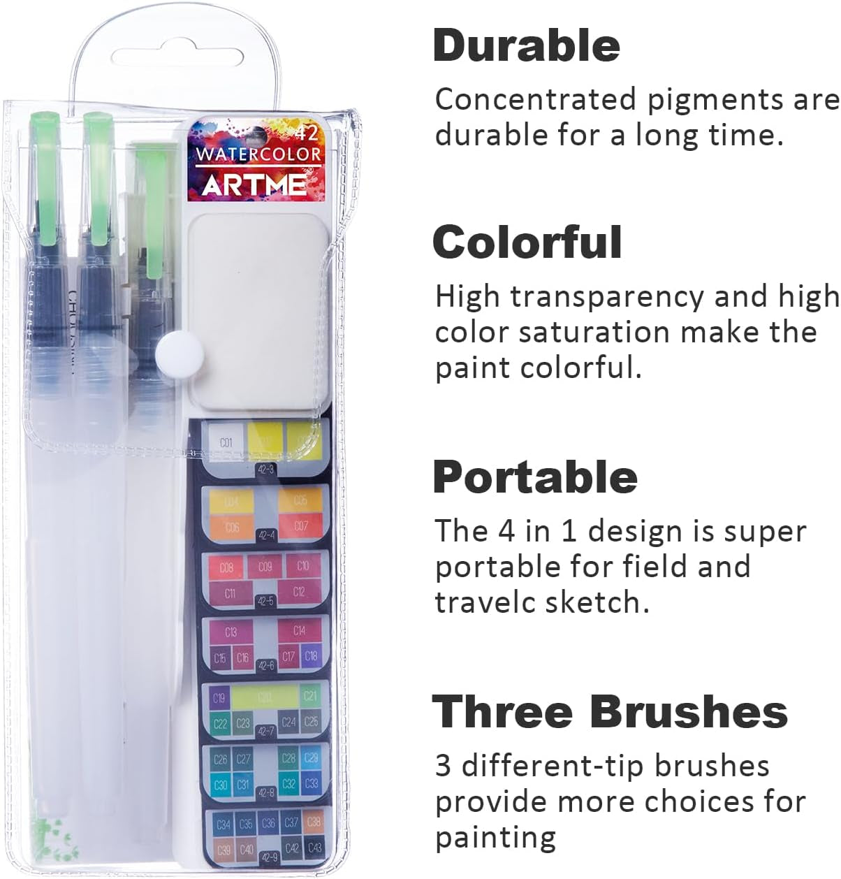 Watercolor Paint Set – 42 Assorted Colors with 3 Brushes – Perfect Foldable Watercolor Field Sketch Set for Outdoor Painting –Travel Pocket Watercolor Kit