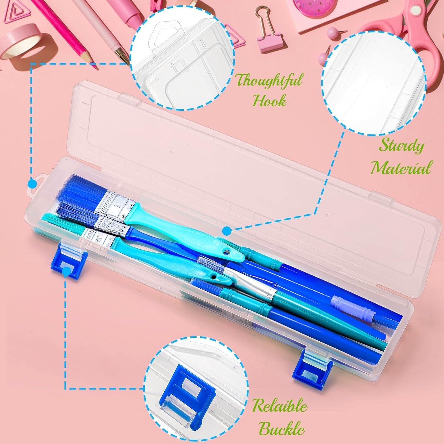 8 Pack Plastic Paint Brush Holder, 13" Long Translucent Watercolor Pens Pencils Case with Buckle Design, Paintbrush Drawing Tools Storage Box Container with Hinged Lid for Artist Art Craft
