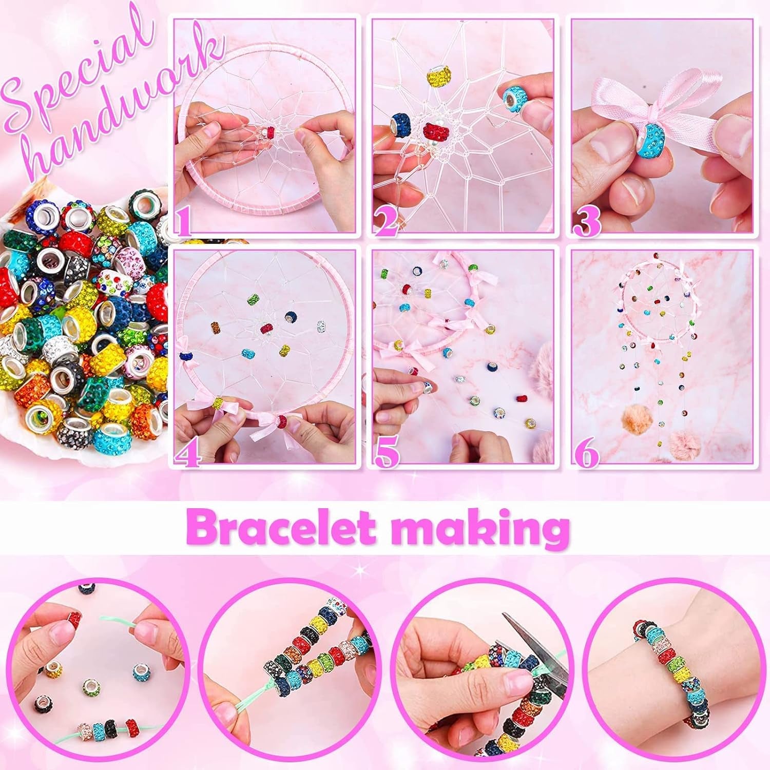 200 PCS Large Hole Beads for Jewelry Making,  European Beads Bulk Spacer Beads with Mixed Color Rhinestone Beads Charms for DIY Craft Bracelet Necklace Earring Making