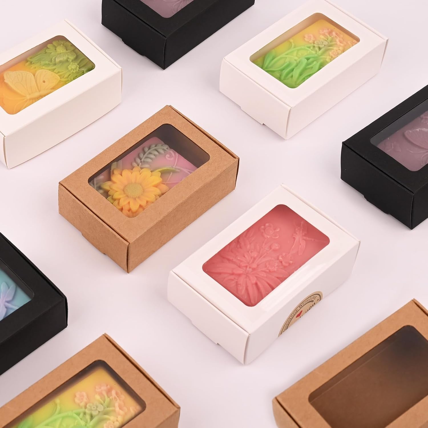 30 Pcs Soap Boxes for Homemade Soap,3.54 X 2.36 X 1.2 Inch Soap Boxes with Window,3 Colors Kraft Soap Packaging Boxes Supplies