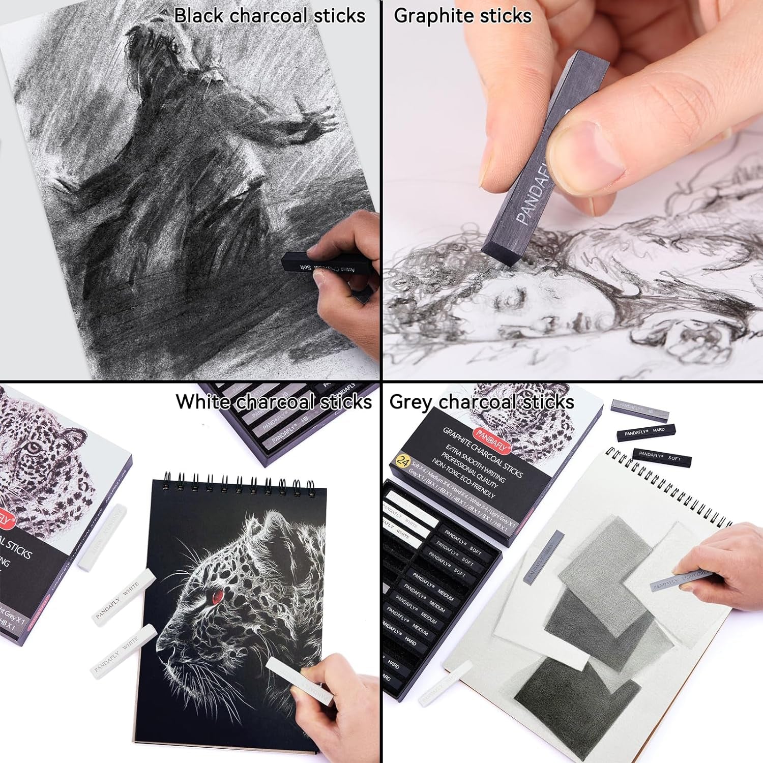 Compressed Graphite Charcoal Sticks, 24 Pieces Black & White Vine Charcoal Sticks for Drawing, Sketching, Shading, Charcoal Drawing Set for Beginners & Pro Artists