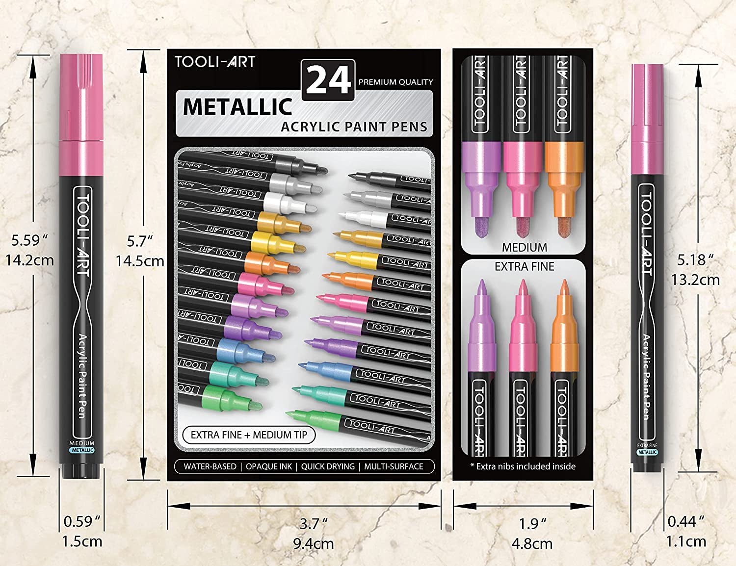 24 Metallic Acrylic Paint Pens Markers Set 0.7Mm Extra Fine and 3.0Mm Medium Tip Combo for Rock Painting, Pebbles, Canvas, Glass, Mugs, Journals, Most Surfaces. Non-Toxic, Waterbased, Quick Drying