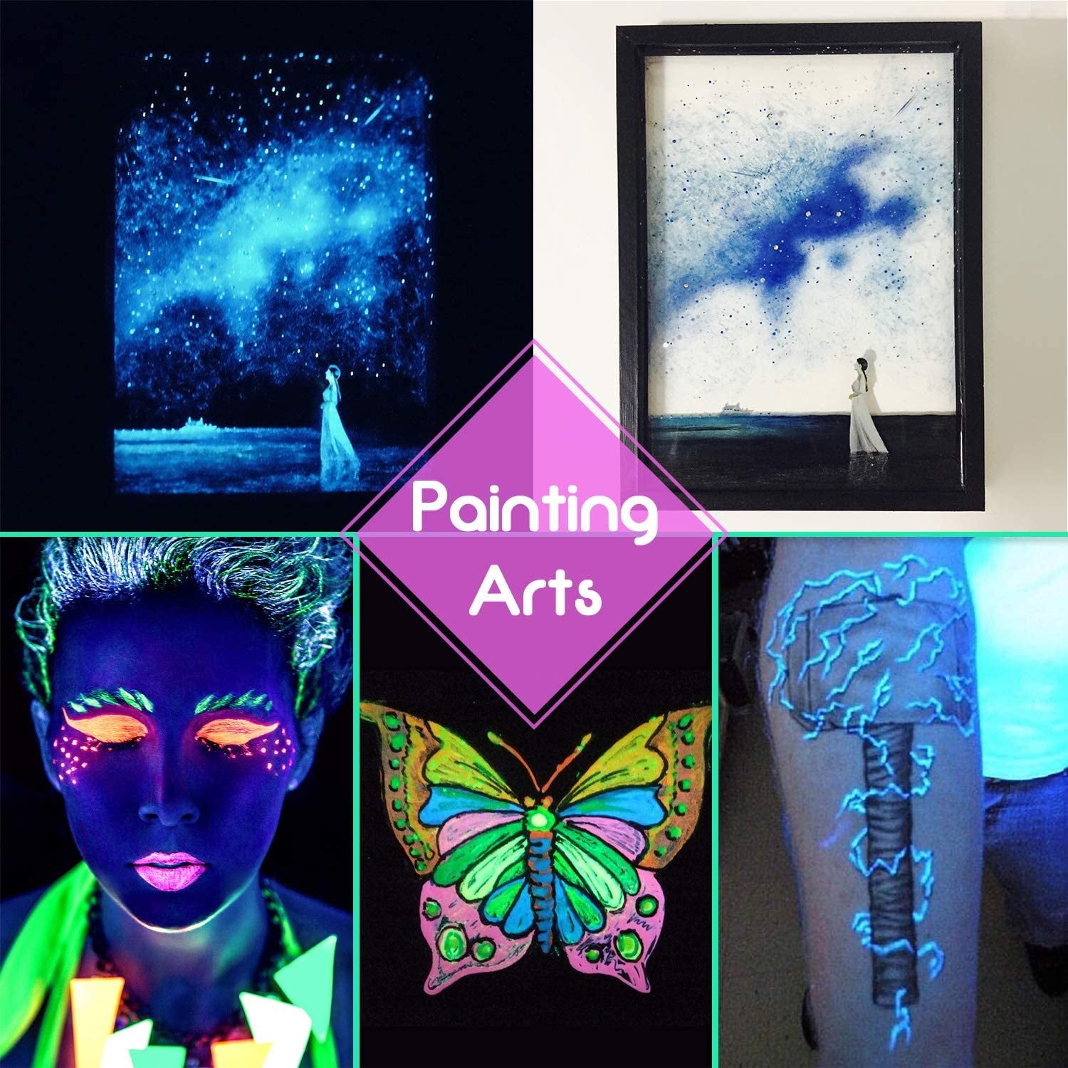 Glow in the Dark Pigment Powder - Epoxy Resin Color Pigment Dyes for DIY Slime Coloring Kit - Luminous Skin Safe Long Lasting Self Glowing for Acrylic Paint, Nail Art, Painting, Crafts - 0.4Oz Each