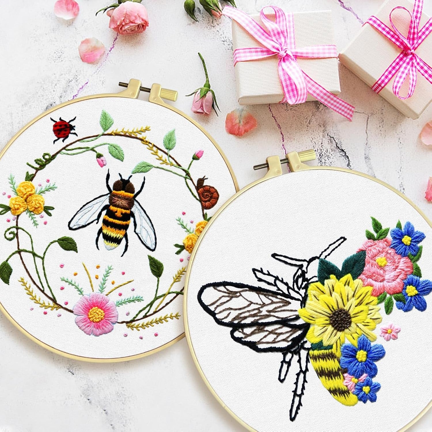 5 Sets Embroidery Kit for Beginners, Art Craft Handy Sewing Set Bees and Flowers Patterns Cross Stitch Starter Kits, DIY Embroidery Kits with Patterns and Instructions Hoops Needles Threads