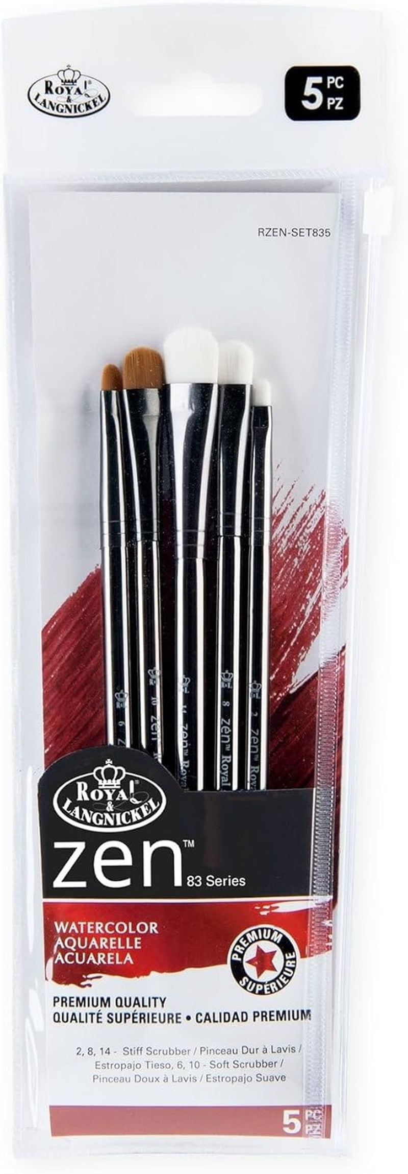 , Zen Series 83, Set of 5 Brushes, Standard Handle, Synthetic Filament, Natural Hair, Stiff Scrubber 2, 8, 14, Scrubber 6, 10, RZEN-SET835