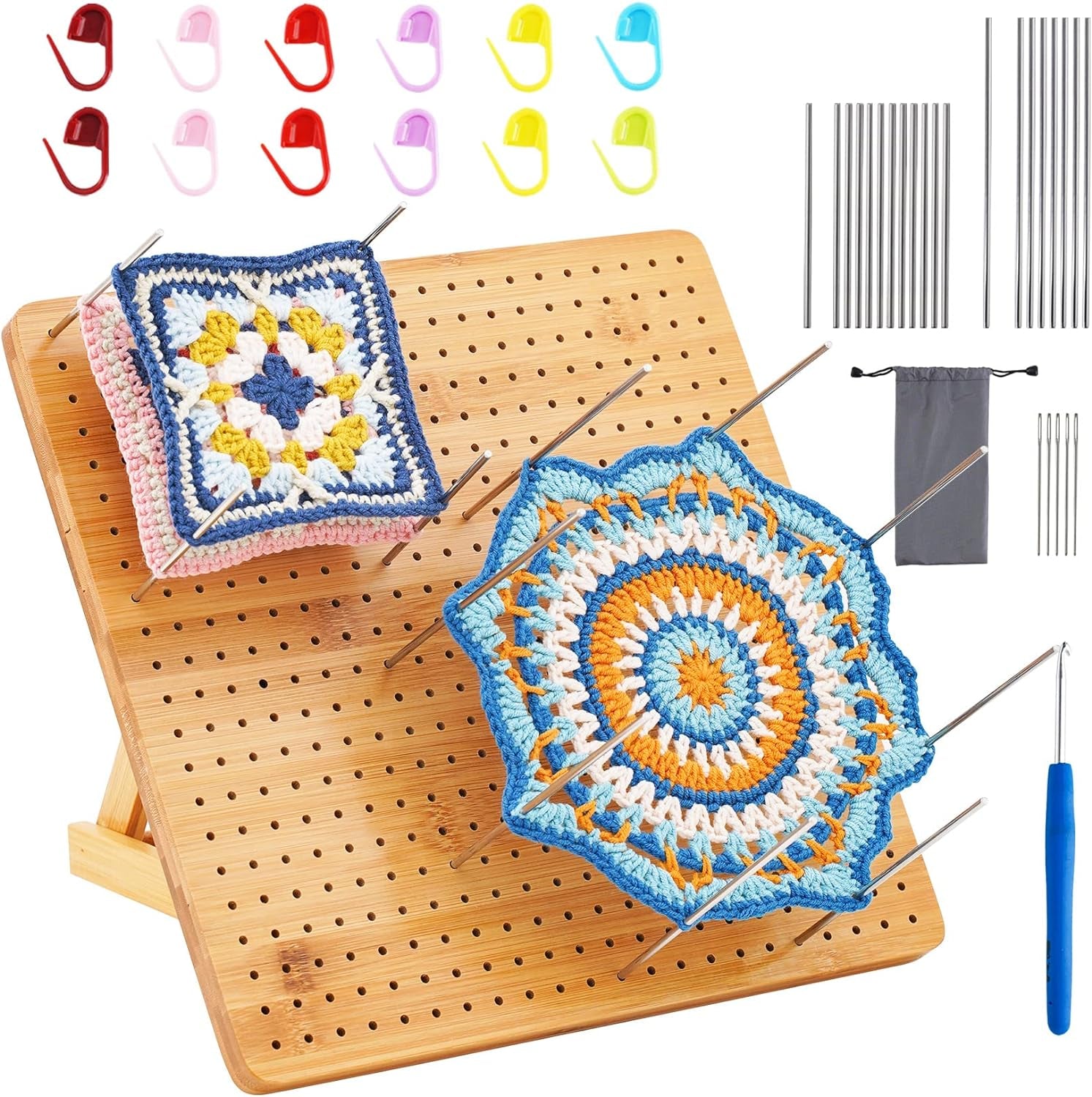 Crochet Blocking Board, 11.6 Inches Bamboo Blocking Board for Knitting Crochet and Granny Squares, Handcrafted Knitting with 20 Pcs Stainless Steel Pins and Crochet Kit