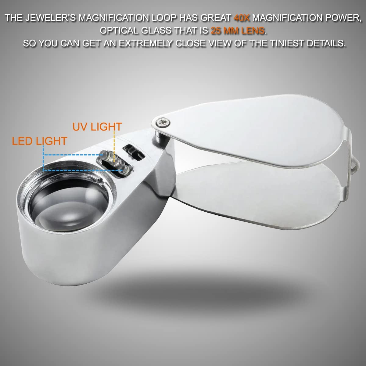40X Jewelers Loupe, LED Light Illuminated Folding Magnifying Jewelry Eye Magnifier (LED Currency Detecting/Jewlers Identifying Type Lupe)