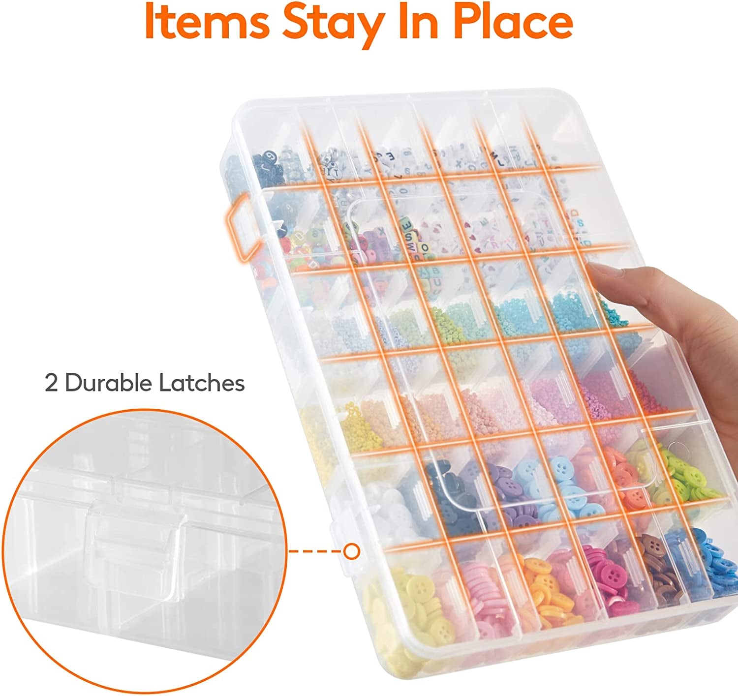 3 Pack 36 Grids Clear Stackable Plastic Organizer Storage Box Container with Adjustable Dividers for Beads, Art DIY, Crafts, Jewelry, Fishing Tackle with 5 Sheet Label Stickers