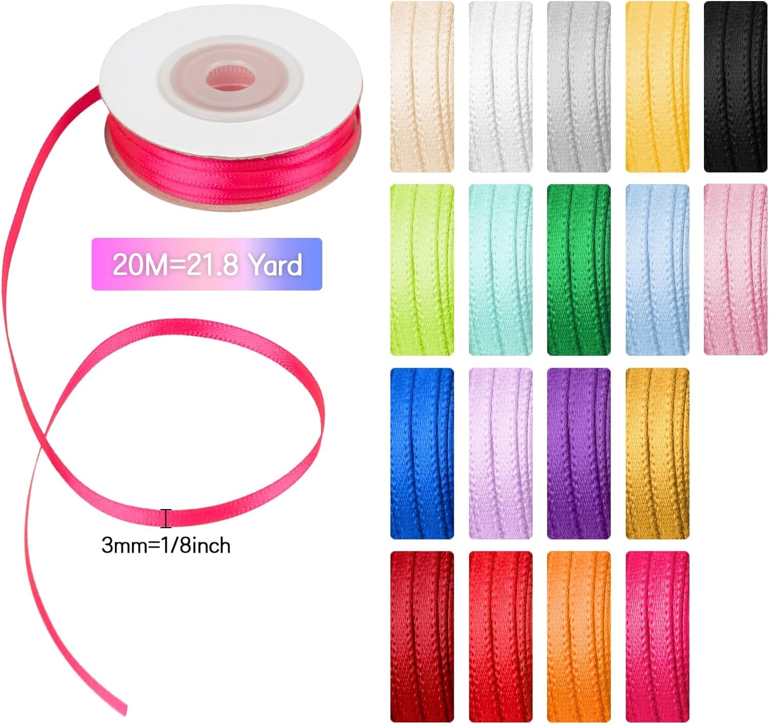 18 Colors Double Faced Satin Ribbon Polyester,1/8 Inch Solid Fabric Ribbon Roll for Gift Wrapping, DIY Crafts, Wedding Birthday Party Decorations