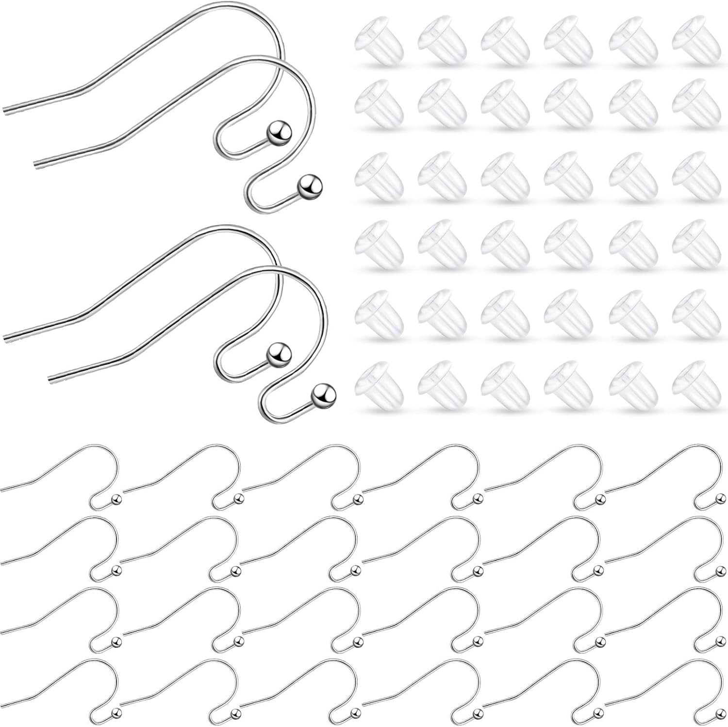 220 Pieces French Earring Hooks Ear Wire Ball Dots in Silver with 220 Pieces Clear Earring Backs Kit for Jewelry Making Bag Gift (Gold,Silver,Rose Gold,Bronze)