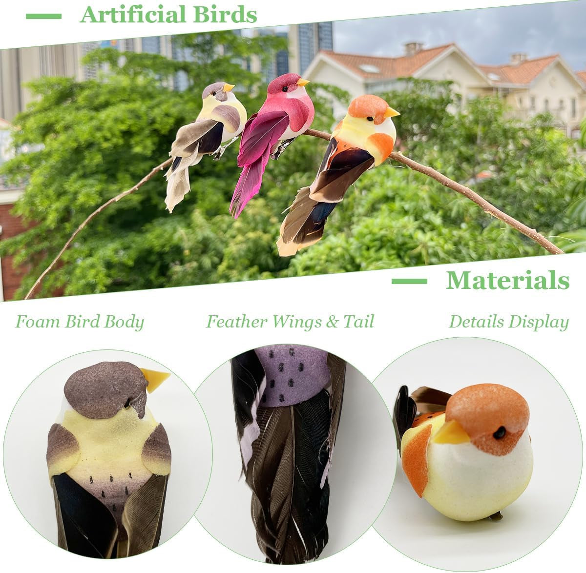 12Pcs Artificial Decorative Birds 3.5-Inch Realistic Feather Sparrow Clip on Bird Ornaments for Crafts Christmas Tree Decoration Home Decor Flower Arrangements