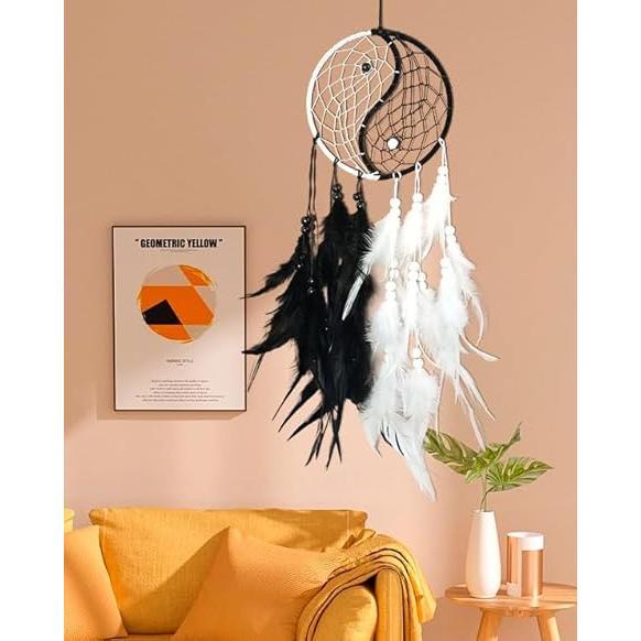 Handmade Tai-Chi Dream Catcher Black with Feathers and Beads - Approximately 50cm, Hangable Decor for Home &amp; Car, Unique Craftsmanship &amp; Symbolism - Ornaments, Hanging Circle Gift Decoration Traditional