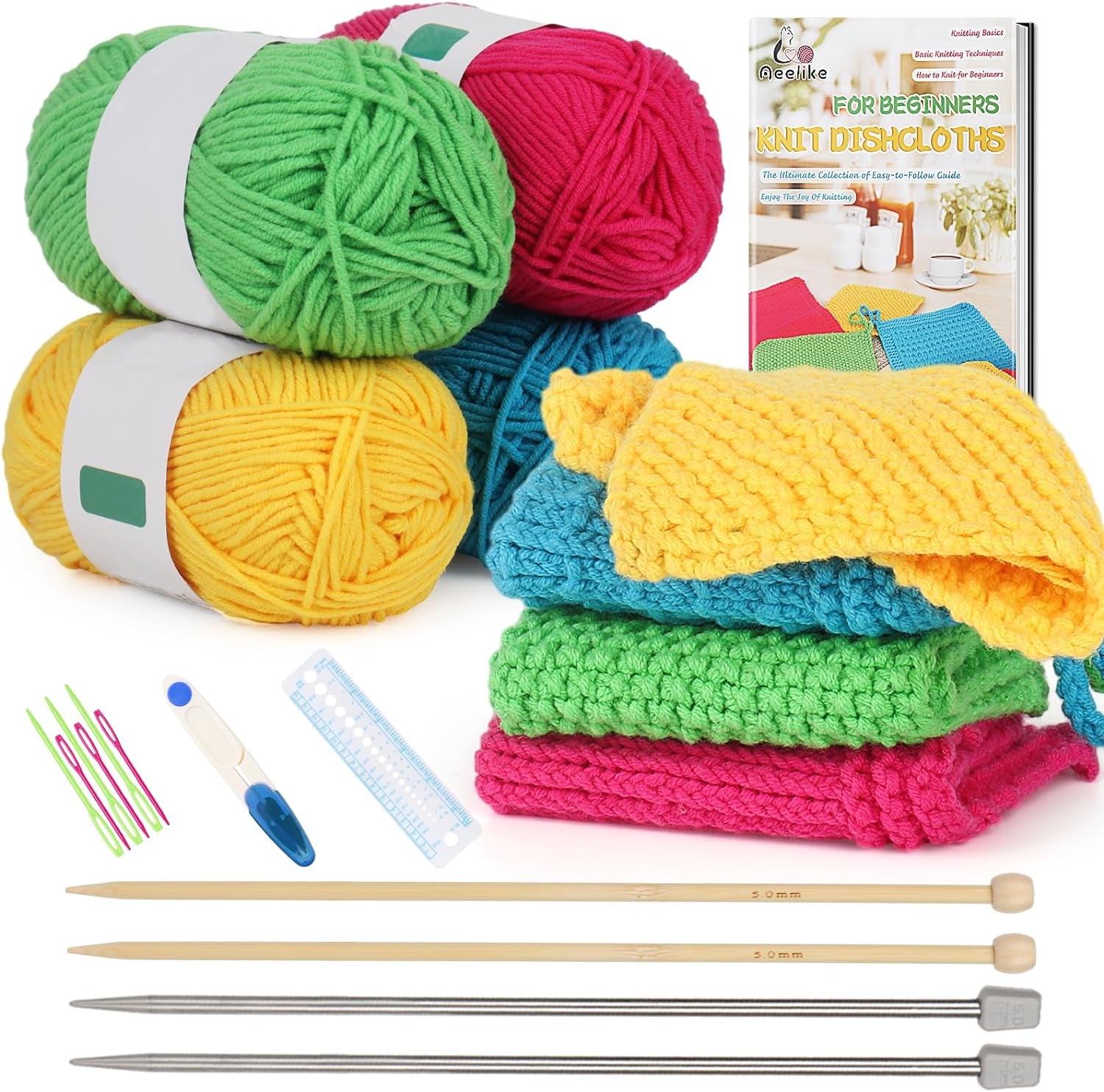 Knitting Kits for Beginners, 4 Pcs Bamboo and Metal Knitting Needle Set with Cotton Yarn, Knitting Set for Making Dishcloth with Step-By-Step Instructions,Colorful
