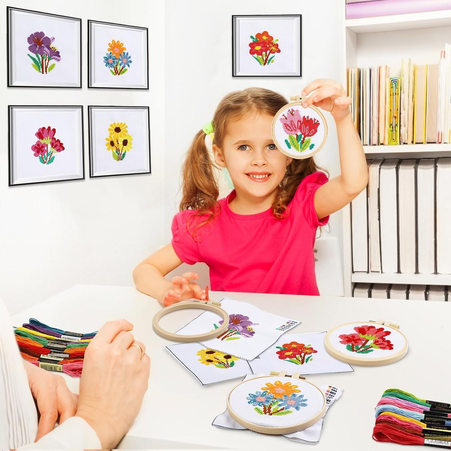 6PCS Cross Stitch Kits for Beginners DIY Embroidery Kit for Kids Adults Birthday Back to School Gift Spring Summer Flower Needlepoint Patterns with 2 Embroidery Hoops Craft Supplies