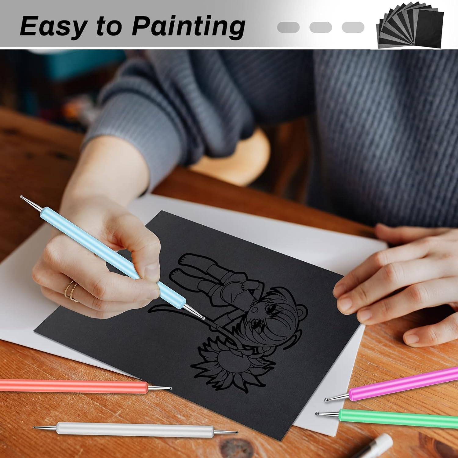 Carbon Transfer Copy Paper with Embossing Stylus Tool for Tracing,  30 Sheets Graphite Transfer Tracing Paper with 5 Pcs Embossing Dot Tools for Tracing on Wood, Paper, Canvas (8.5 by 11 Inch)