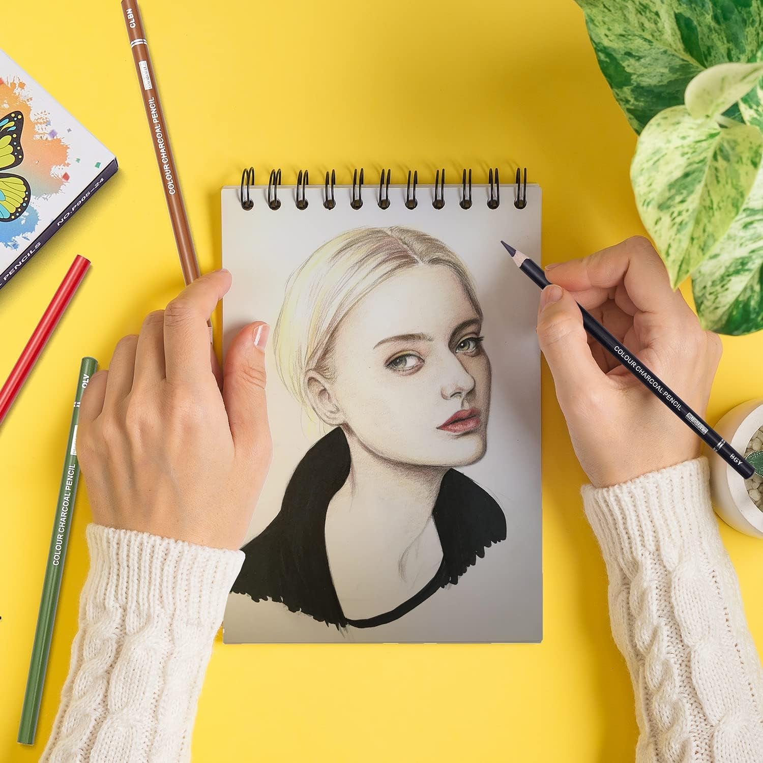 Professional Colored Charcoal Pencils Drawing Set, Skin Tone Colored Pencils, Pastel Chalk Pencils for Sketching, Shading, Coloring, Layering & Blending, 24 Colors