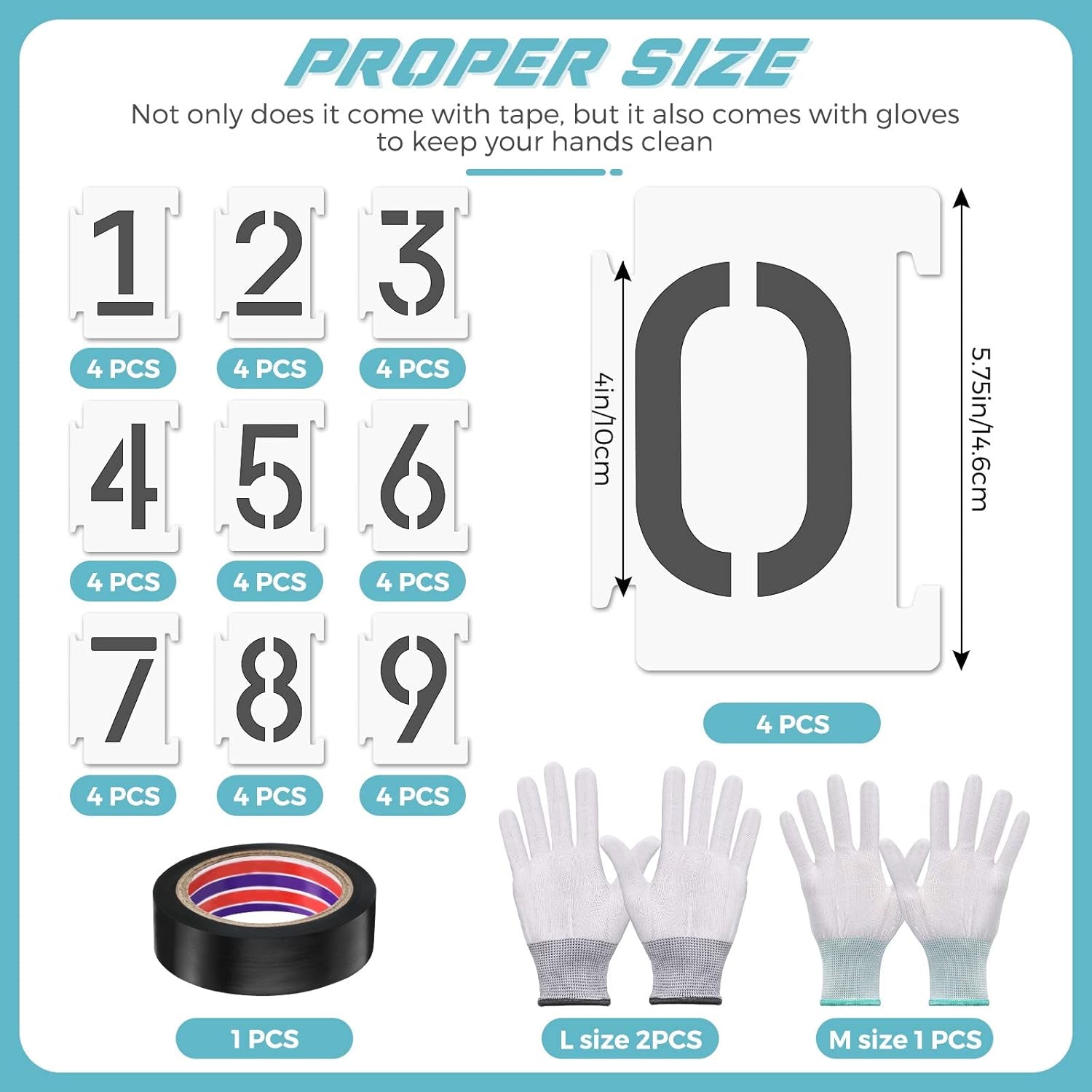 44 Pieces Curb Stencils Kit for Address Painting, Including 40 0-9 Curb Number Stencils, 4 Inch Tall, 4 Pieces of Each, Adhesive Tape, 3 Pairs Gloves, Reusable Plastic Numbers for Road Wood Chalkboard