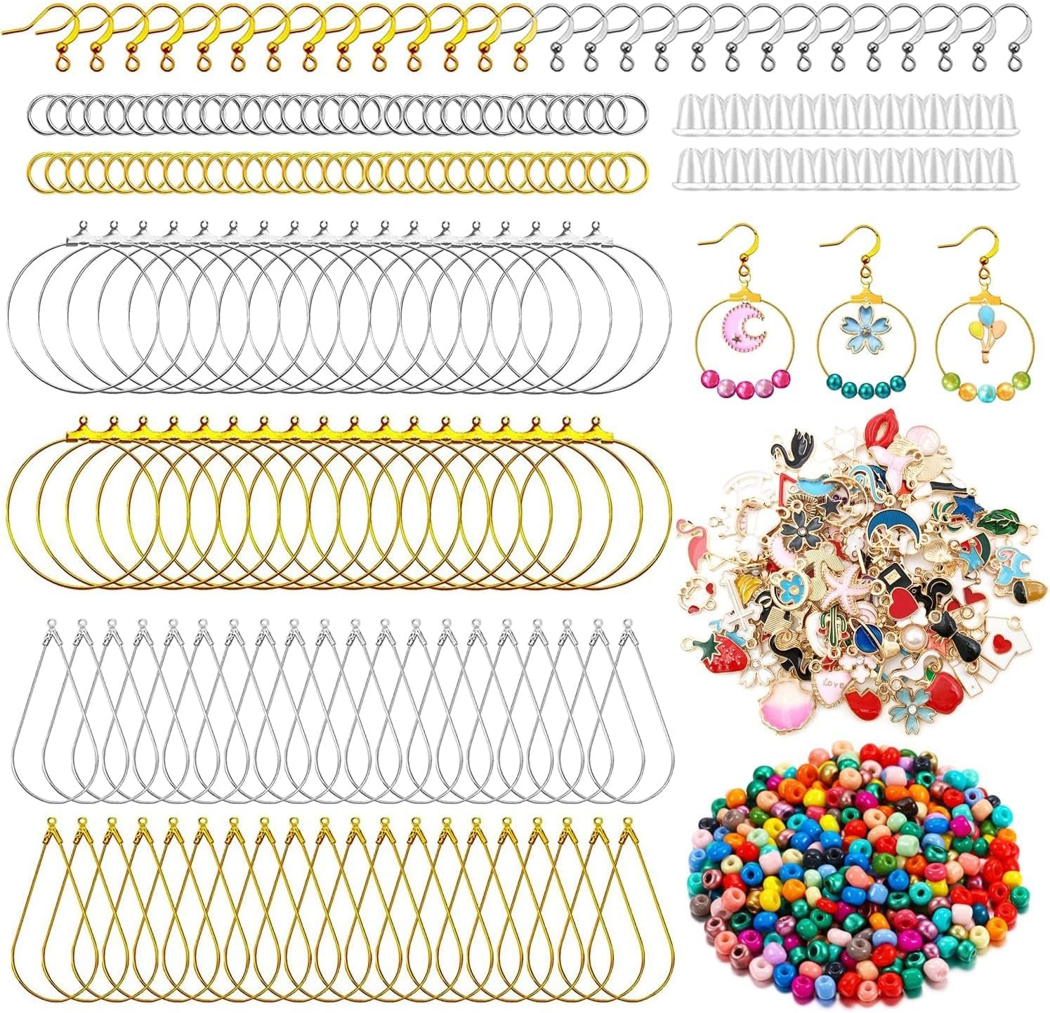 Earring Making Kit with 740 PCS Beading Hoop Earring Finding Component Accessories Hooks Jump Rings Loop Earring Backs Beads and Charms for Jewelry Making Earring (740)