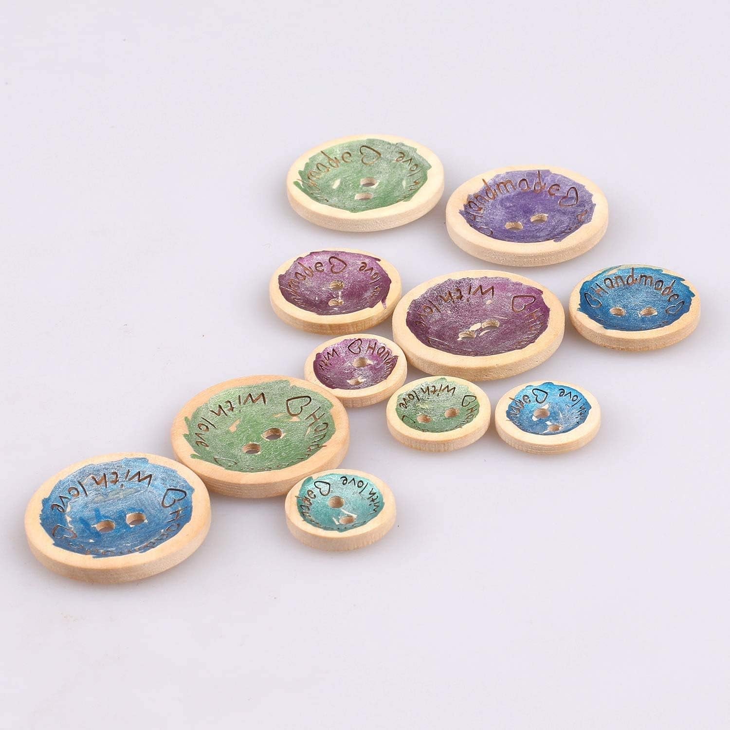 300 Pieces Wooden Handmade with Love round Craft Decor 2 Holes Wooden Sewing Buttons (15,20,25Mm)