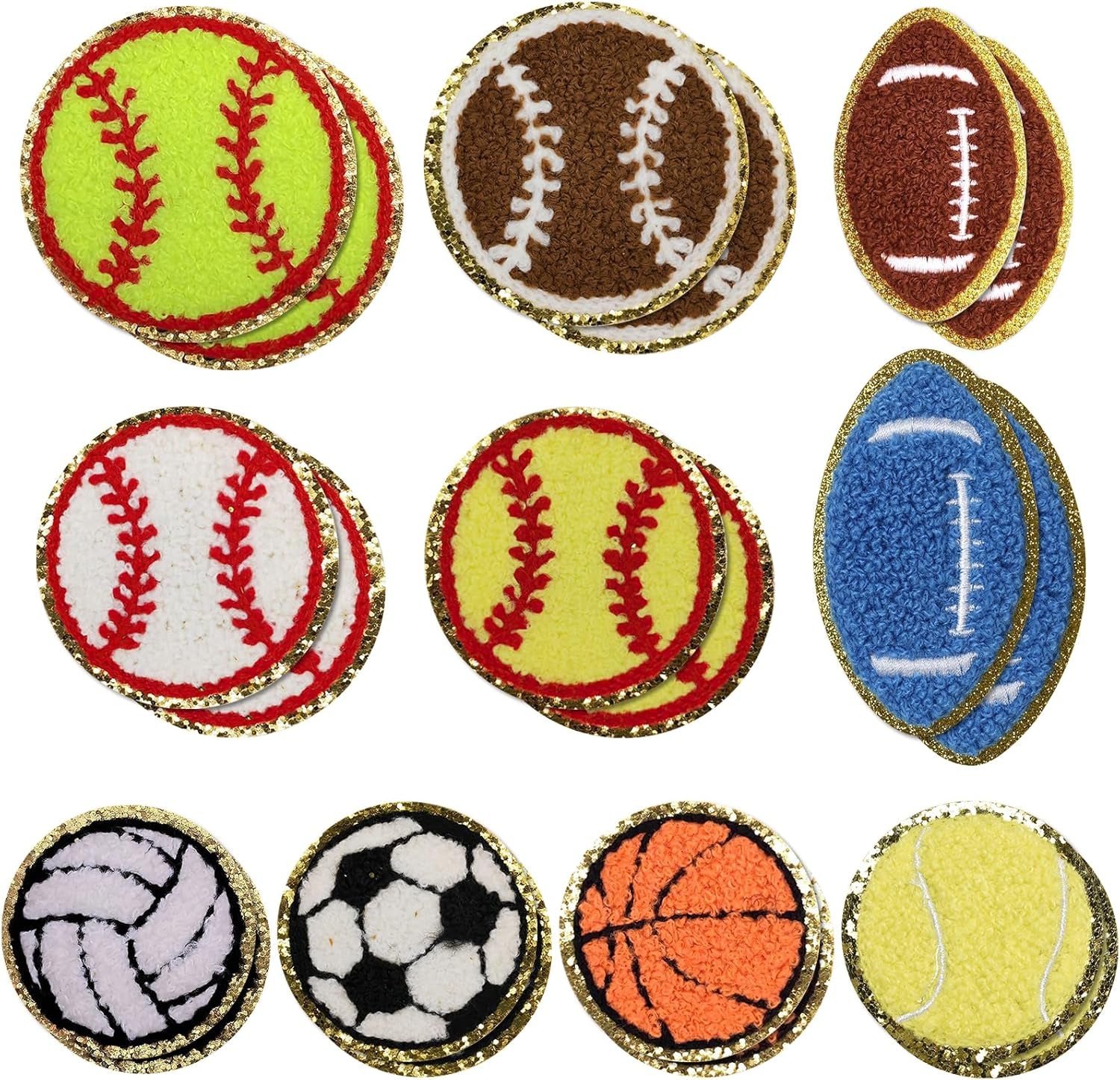 16Pcs Sports Themed Patch, Chenille Patches Gold Edges Basketball Soccer Baseball Football Volleyball Iron on Patch for Bags Hat DIY Clothing Repair