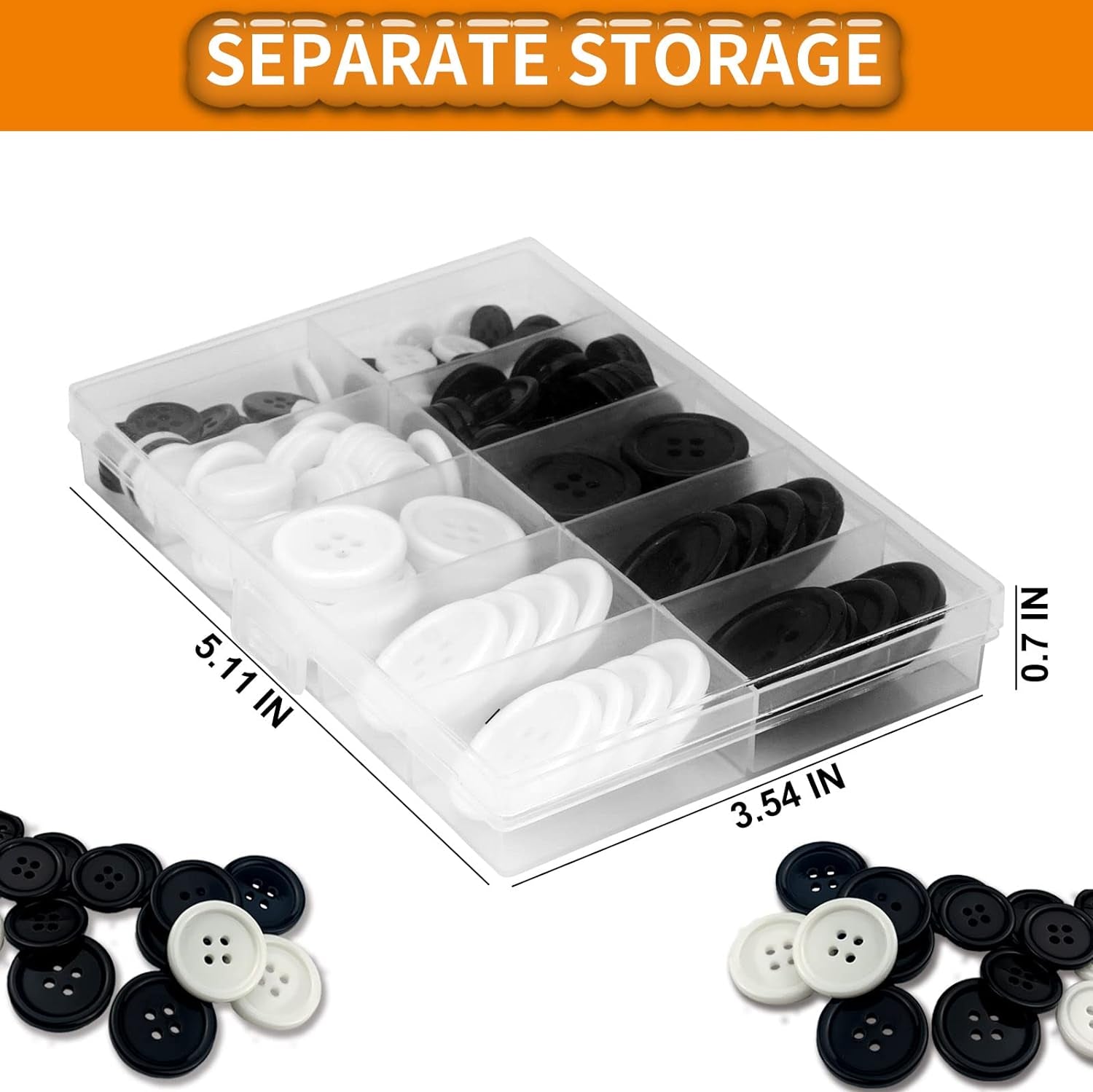 162 PCS Mixed Resin Sewing Buttons, Eco-Friendly 1 Inch Buttons with Compartmentalized Storage Box Black Buttons, 4 Holes 5 Sizes DIY White Buttons, Suitable for Sewing, DIY and Holiday Decoration.
